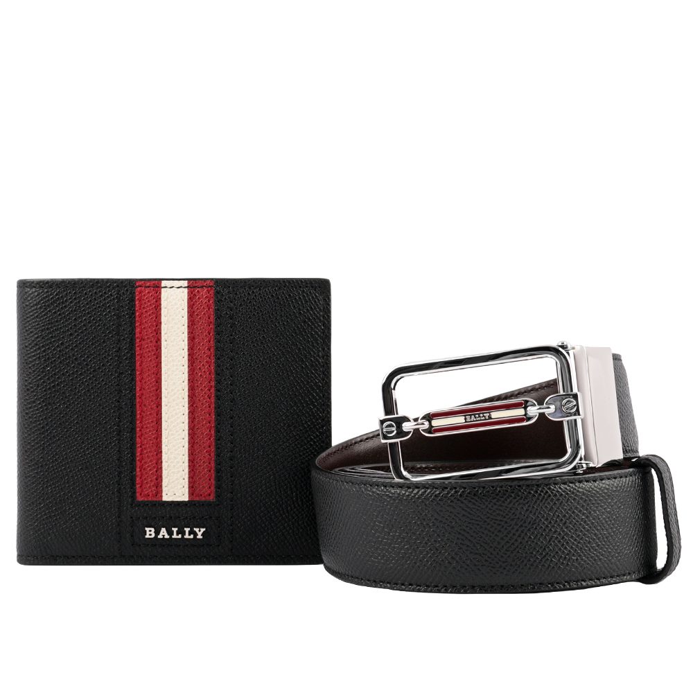 【BALLY】壓紋牛皮雙色皮帶+8卡短夾禮盒組