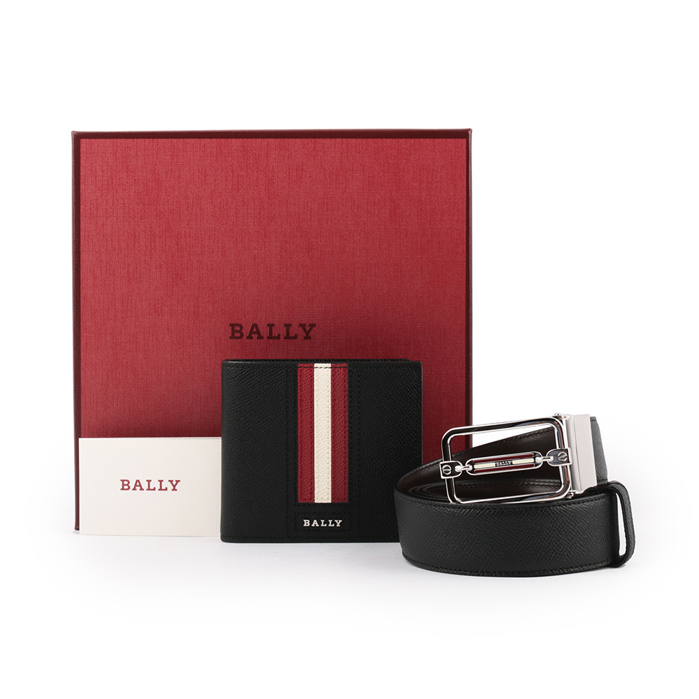 【BALLY】壓紋牛皮雙色皮帶+8卡短夾禮盒組