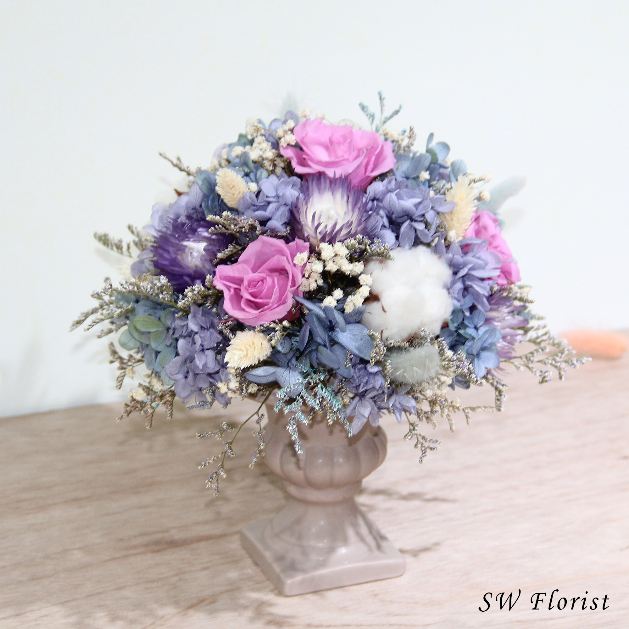 |歐式畢德邁爾圓形桌花-藍紫色系-開幕盆栽-永生花盆栽-大型|