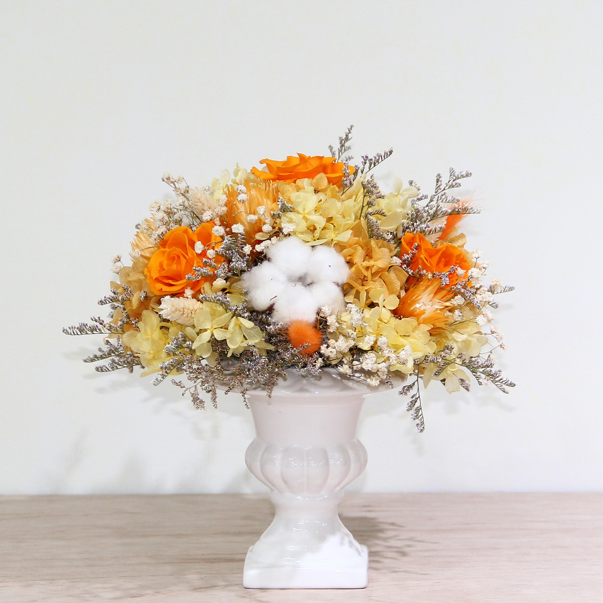 |歐式畢德邁爾圓形桌花-橘黃色系-開幕盆栽-永生花盆栽-大型|