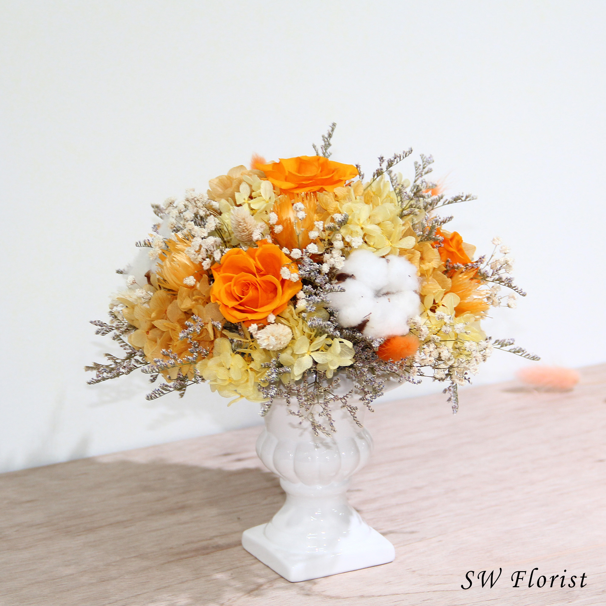 |歐式畢德邁爾圓形桌花-橘黃色系-開幕盆栽-永生花盆栽-大型|