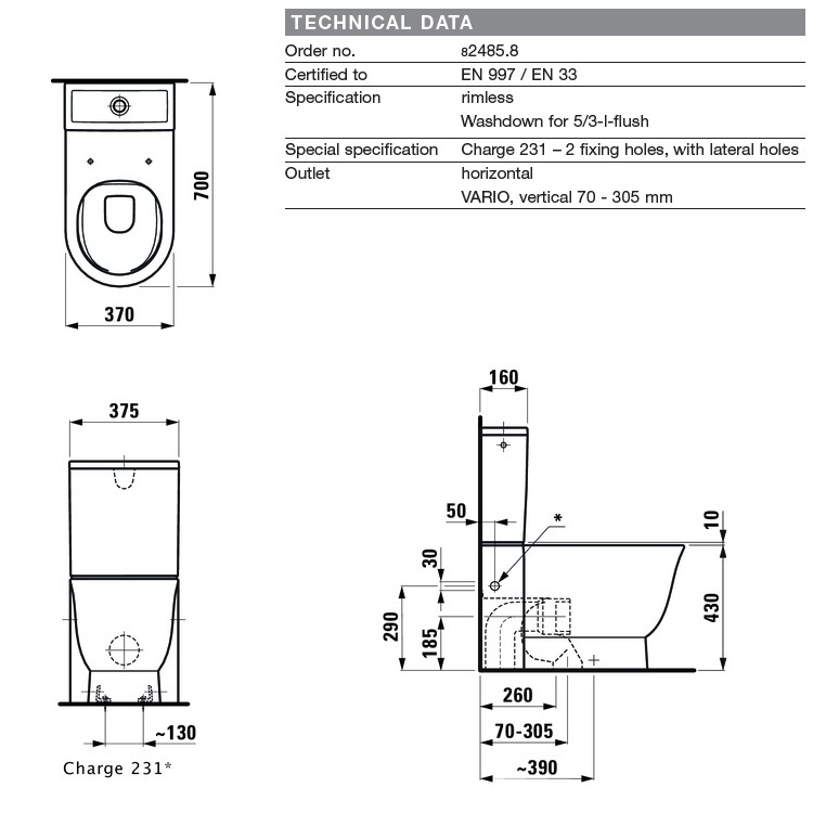 Laufen "The New Classic" 8.2485.8.000.231.1 + 8.2885.3.000.873.1 + 8.9185.1.000.000.1 Water Closet w/ Soft Closing Cover (Botton Left inlet)