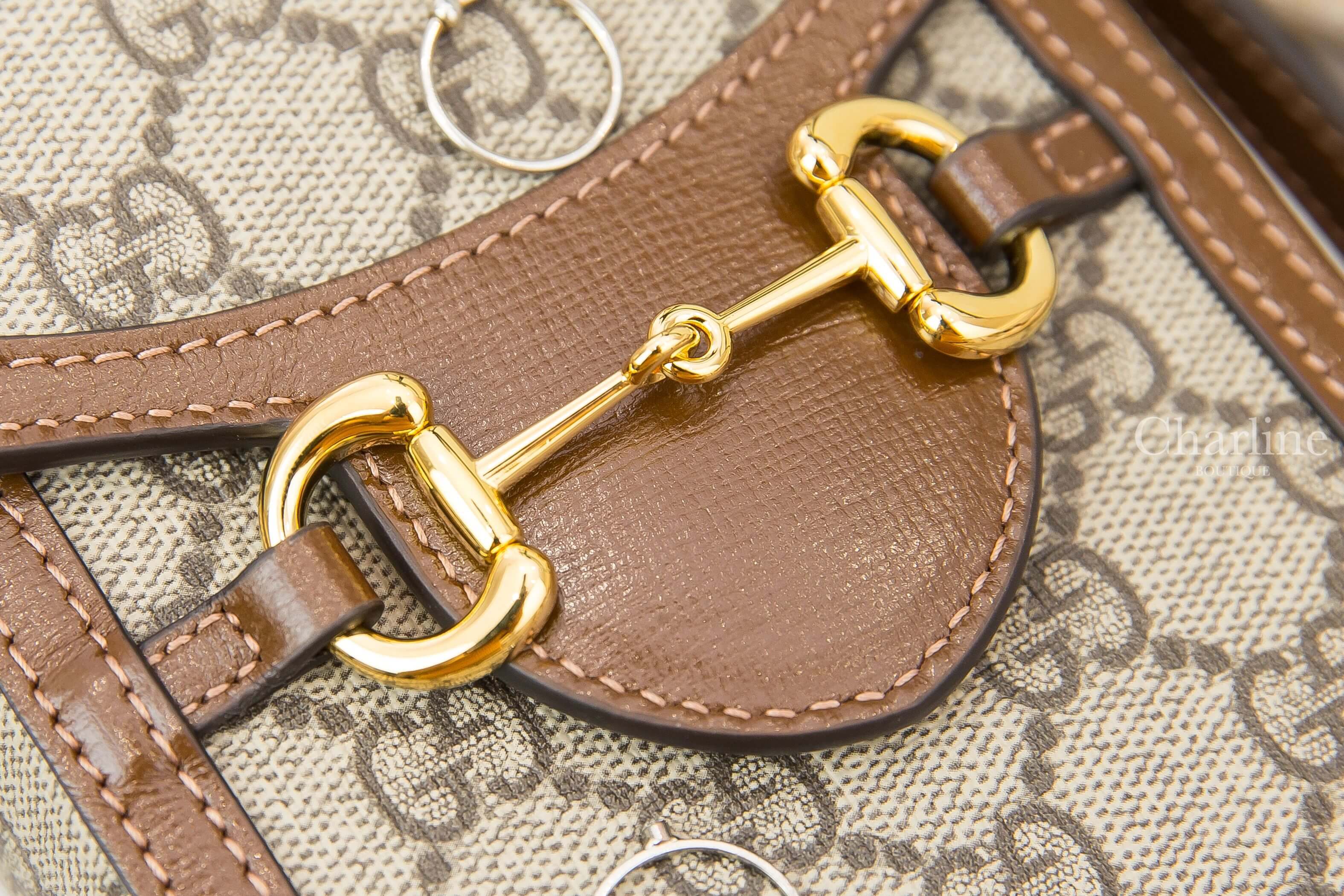Gucci Gucci Horsebit 1955 Mini Bag 米色/烏木色GG拼咖啡色皮革金釦迷你肩背包