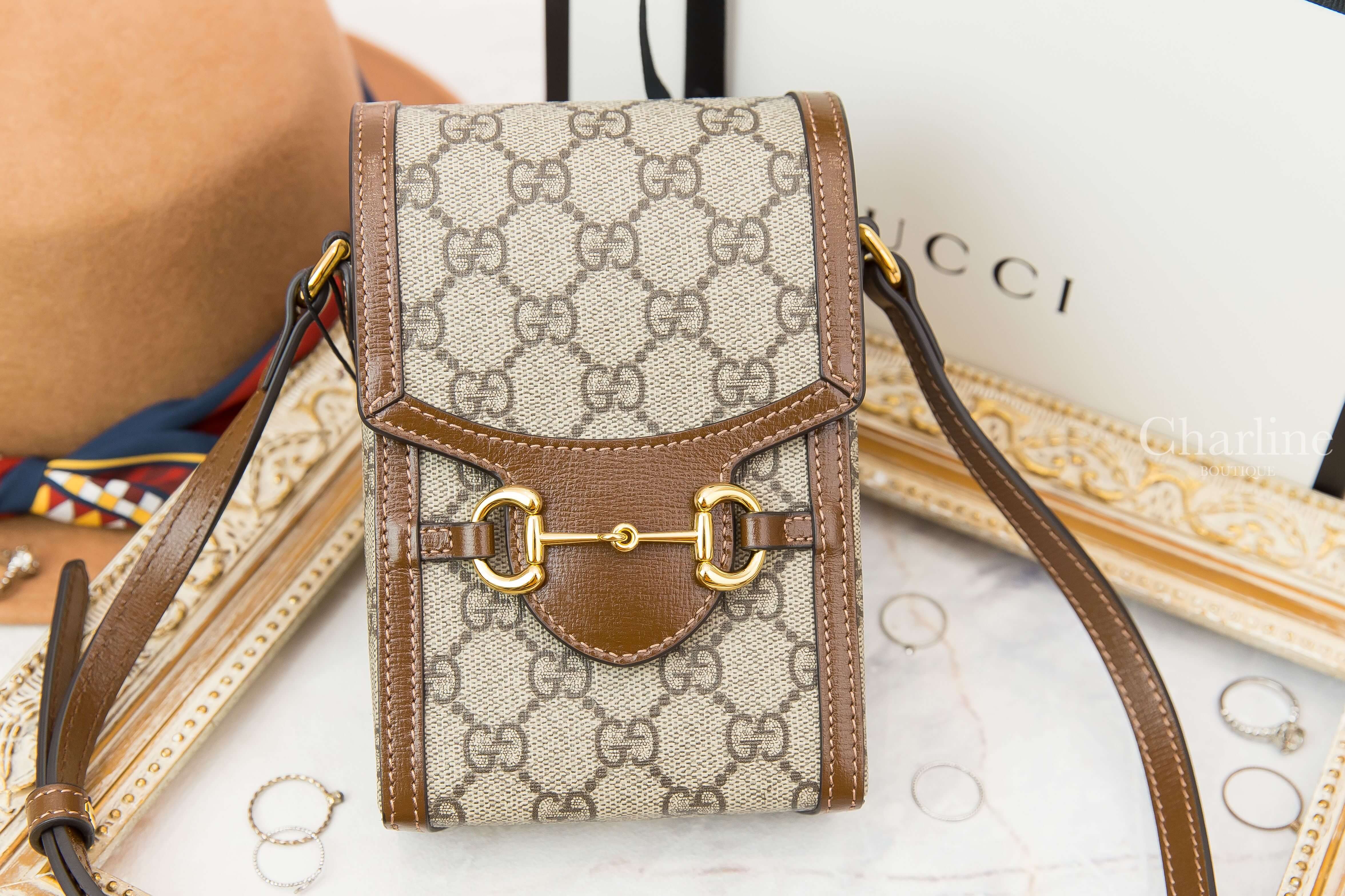 Gucci Gucci Horsebit 1955 Mini Bag 米色/烏木色GG拼咖啡色皮革金釦迷你肩背包