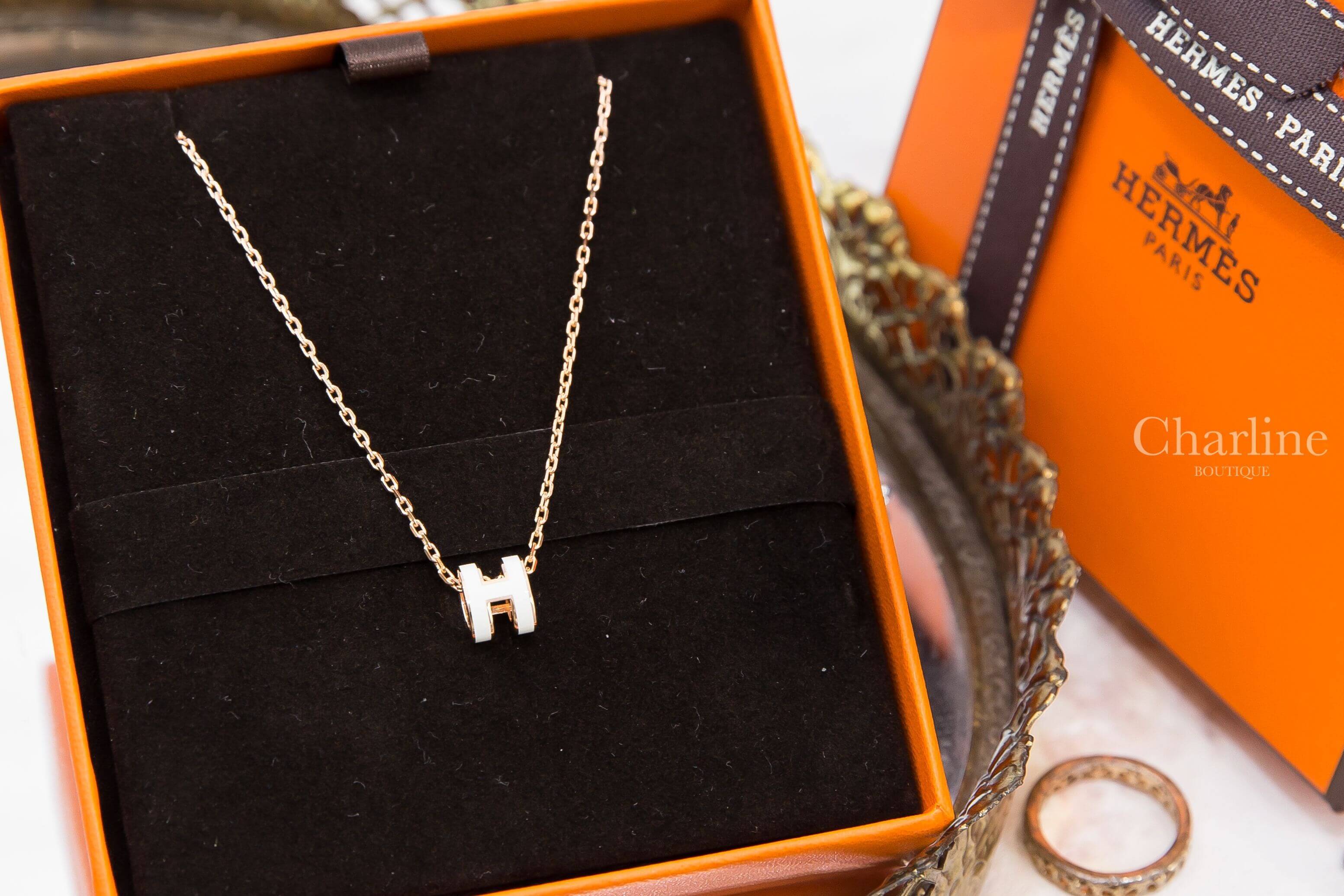 Hermès Mini Pop H Pendant 白色迷你珐瑯鍍玫瑰金簍空橢圓項鍊