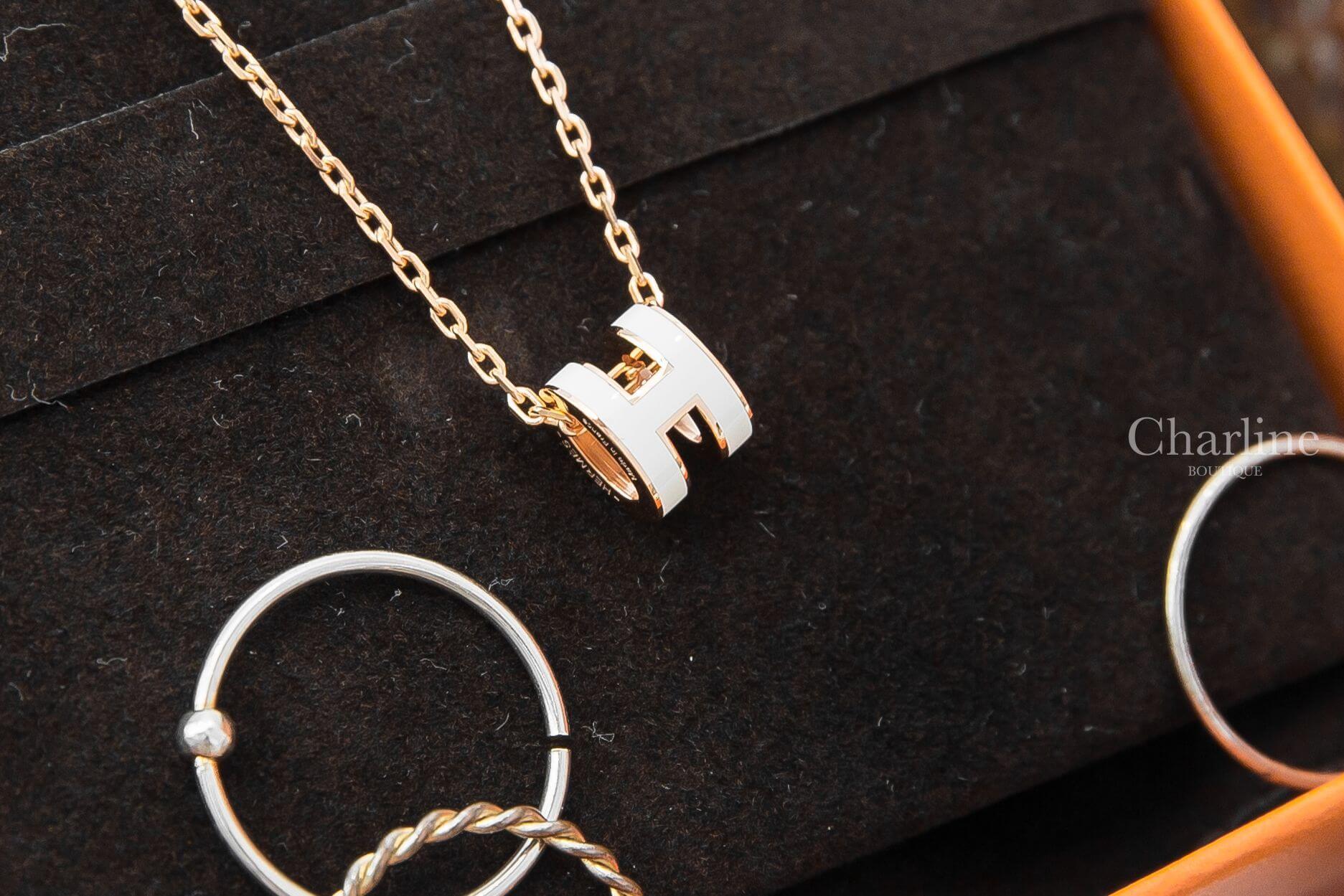 Hermès Mini Pop H Pendant 白色迷你珐瑯鍍玫瑰金簍空橢圓項鍊