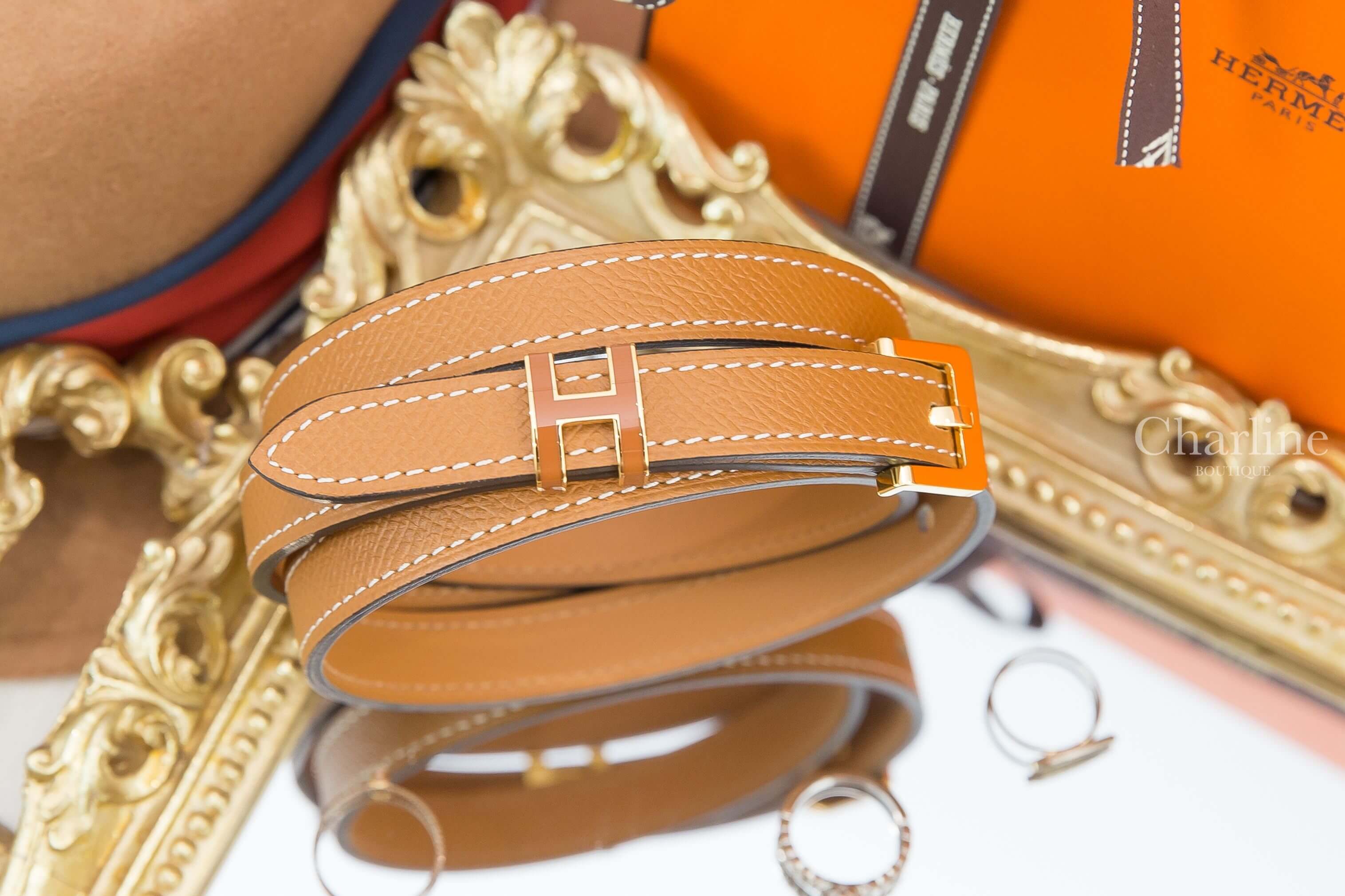 Hermès Pop H 15 Belt 焦糖色金釦H皮帶