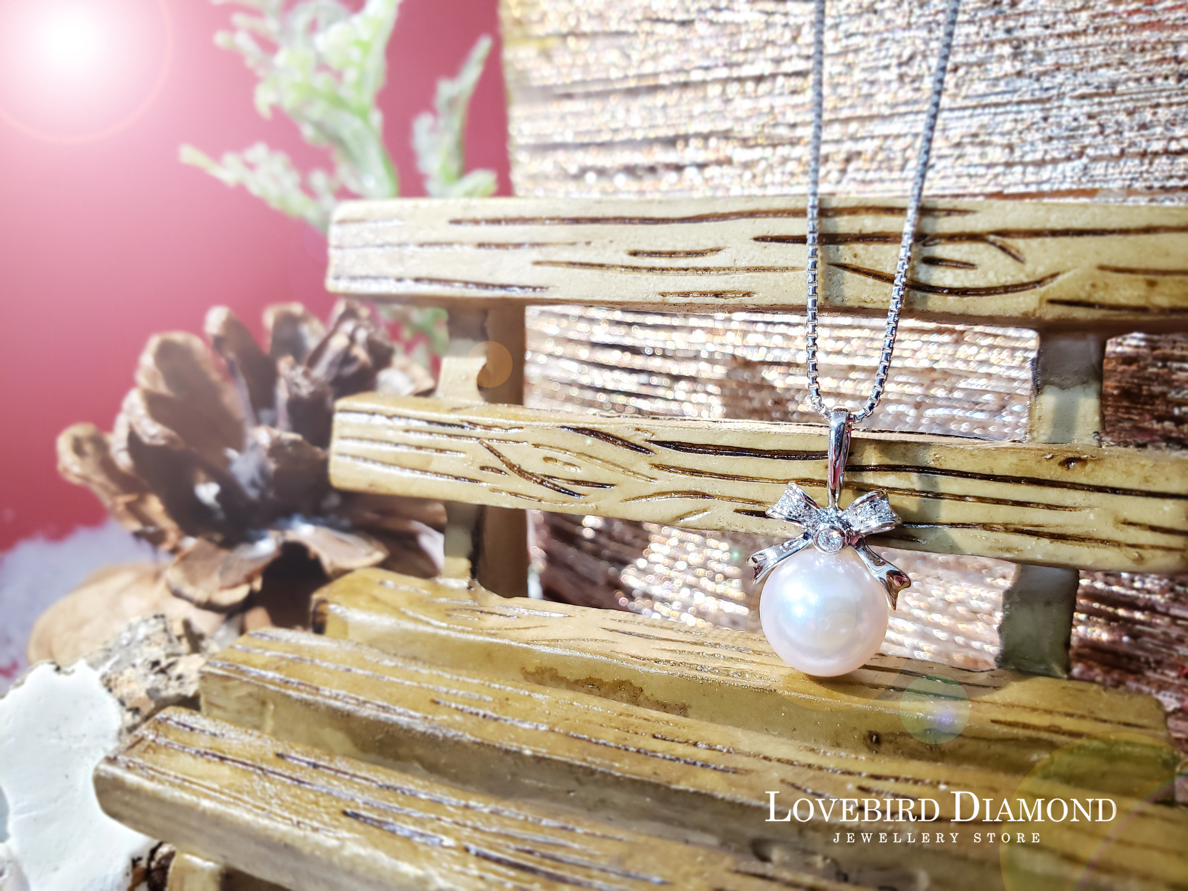 18K白金天然鑽石 Akoya 珍珠吊墜