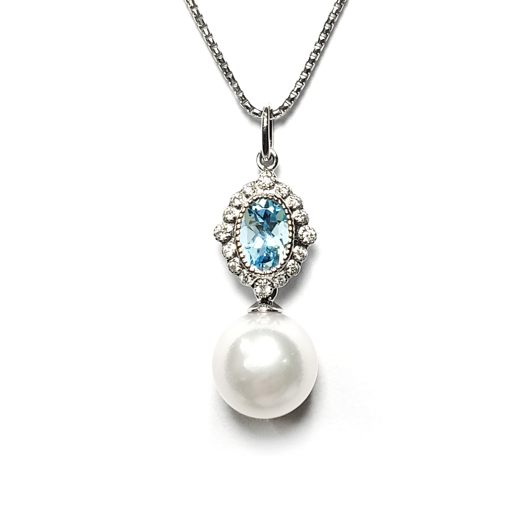 18K白金海藍寶天然鑽石珍珠吊墜