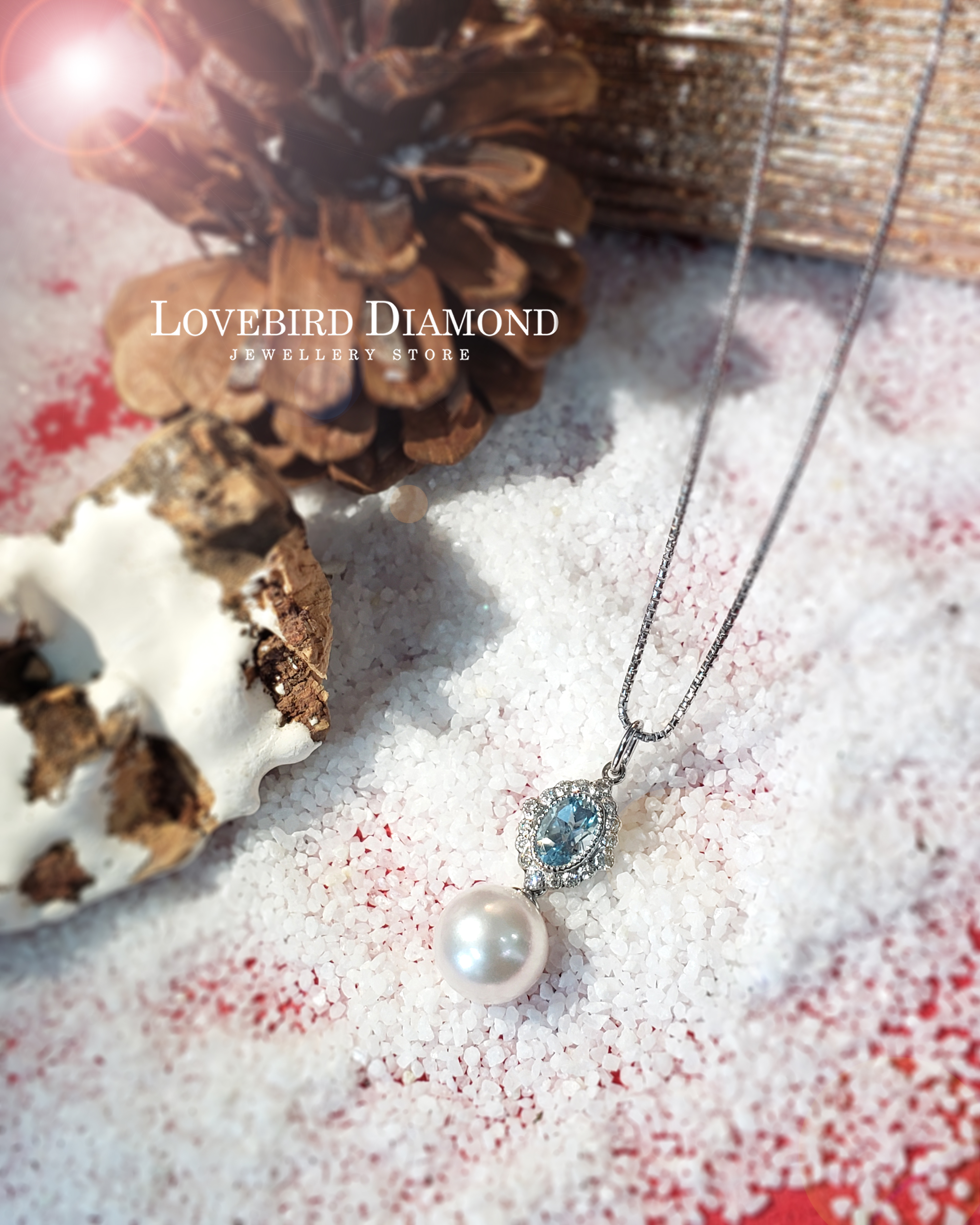 18K白金海藍寶天然鑽石珍珠吊墜