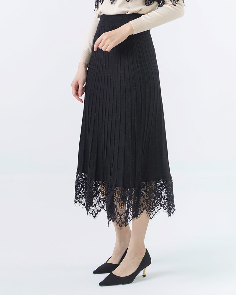 DEER.W 蕾絲襬金絲百褶針織裙 黑色