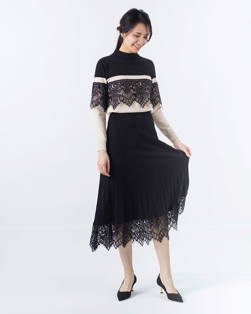 DEER.W 蕾絲襬金絲百褶針織裙 黑色