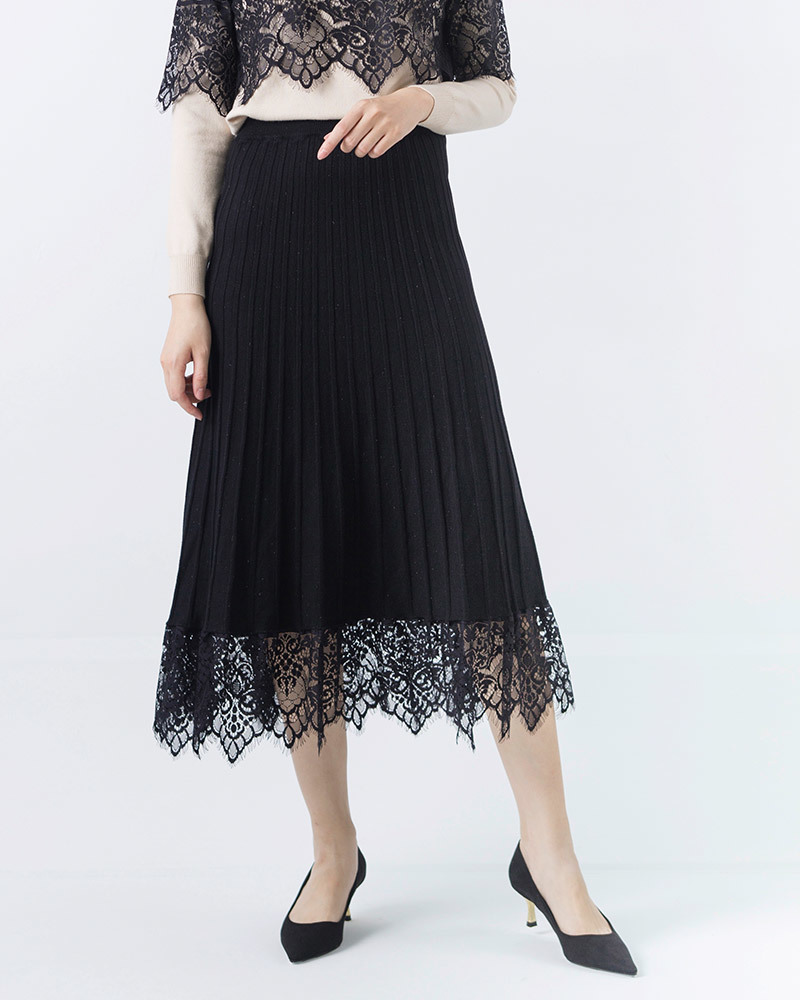DEER.W 蕾絲襬金絲百褶針織裙 黑色