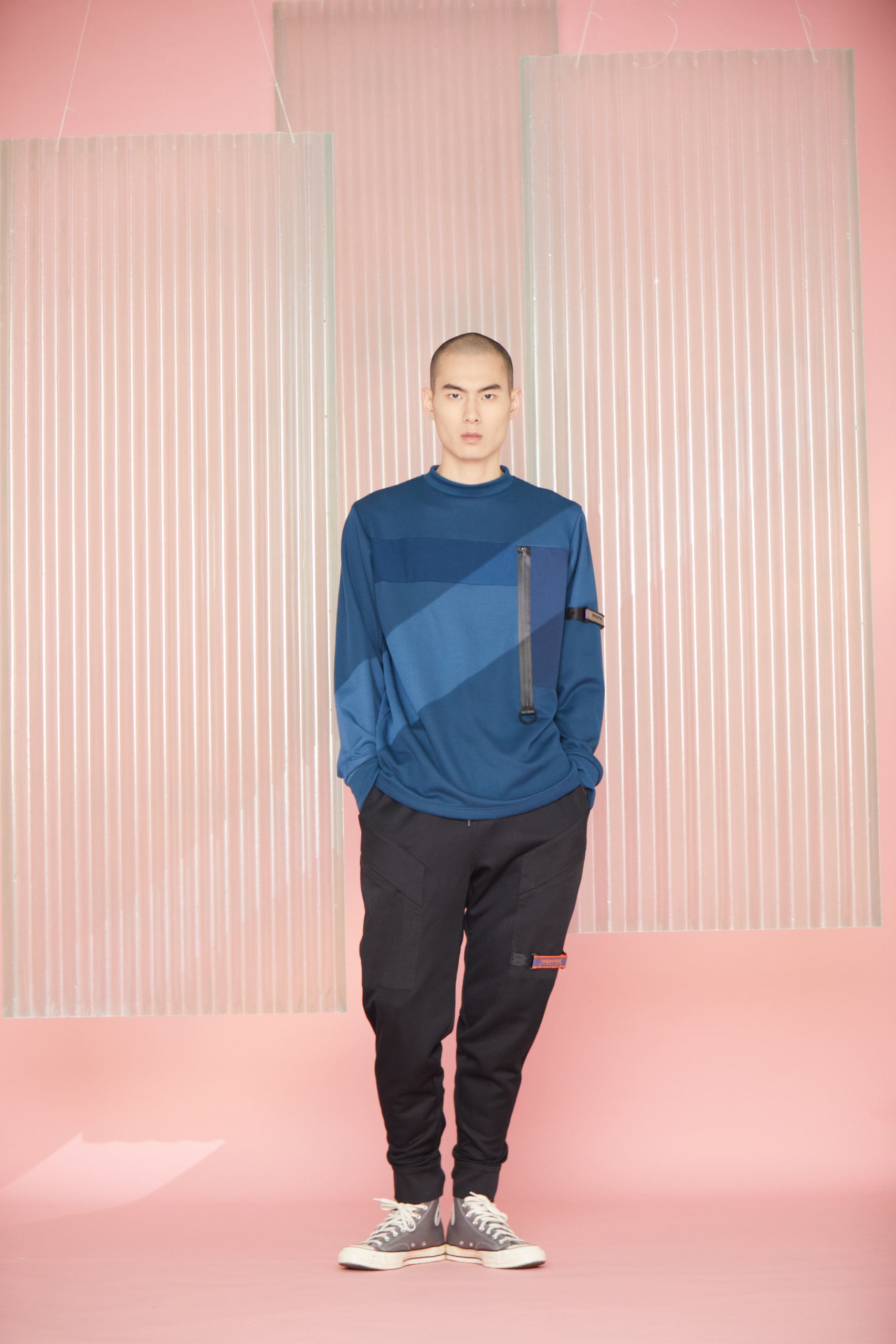 立領幾何針織衫 - 藍