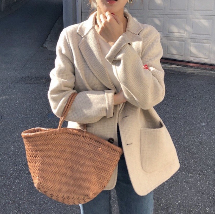 ᴷᴼᴿᴱᴬ 🇰🇷 燕麥色雙面穿細格紋 100%羊毛西裝外套