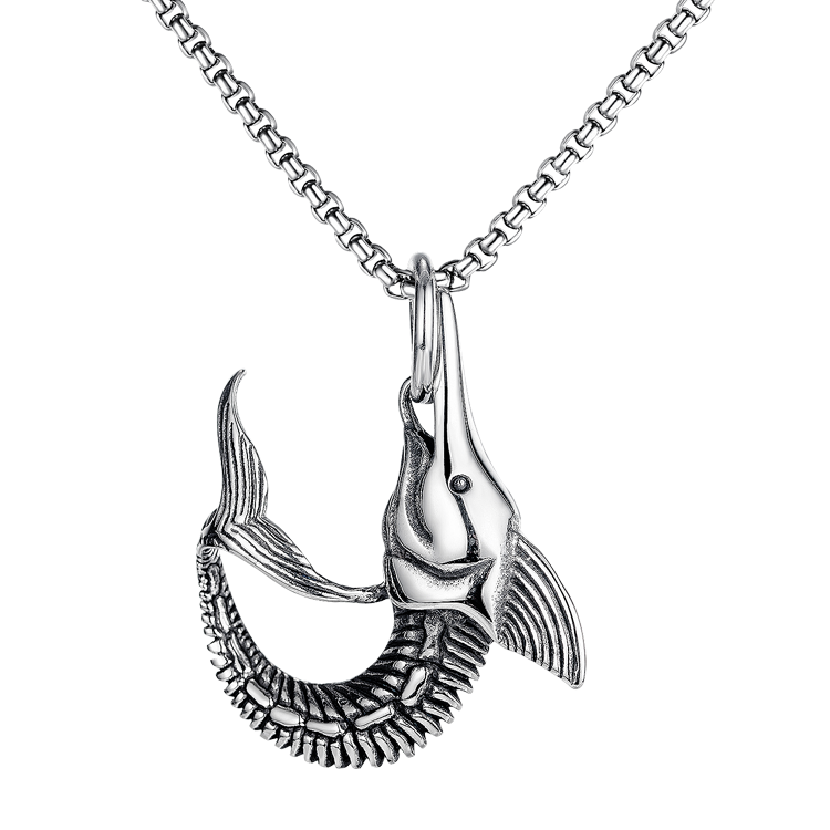 白鋼項鍊，男士項鍊 銀色劍魚魚骨；美式街頭嘻哈風格（1258）