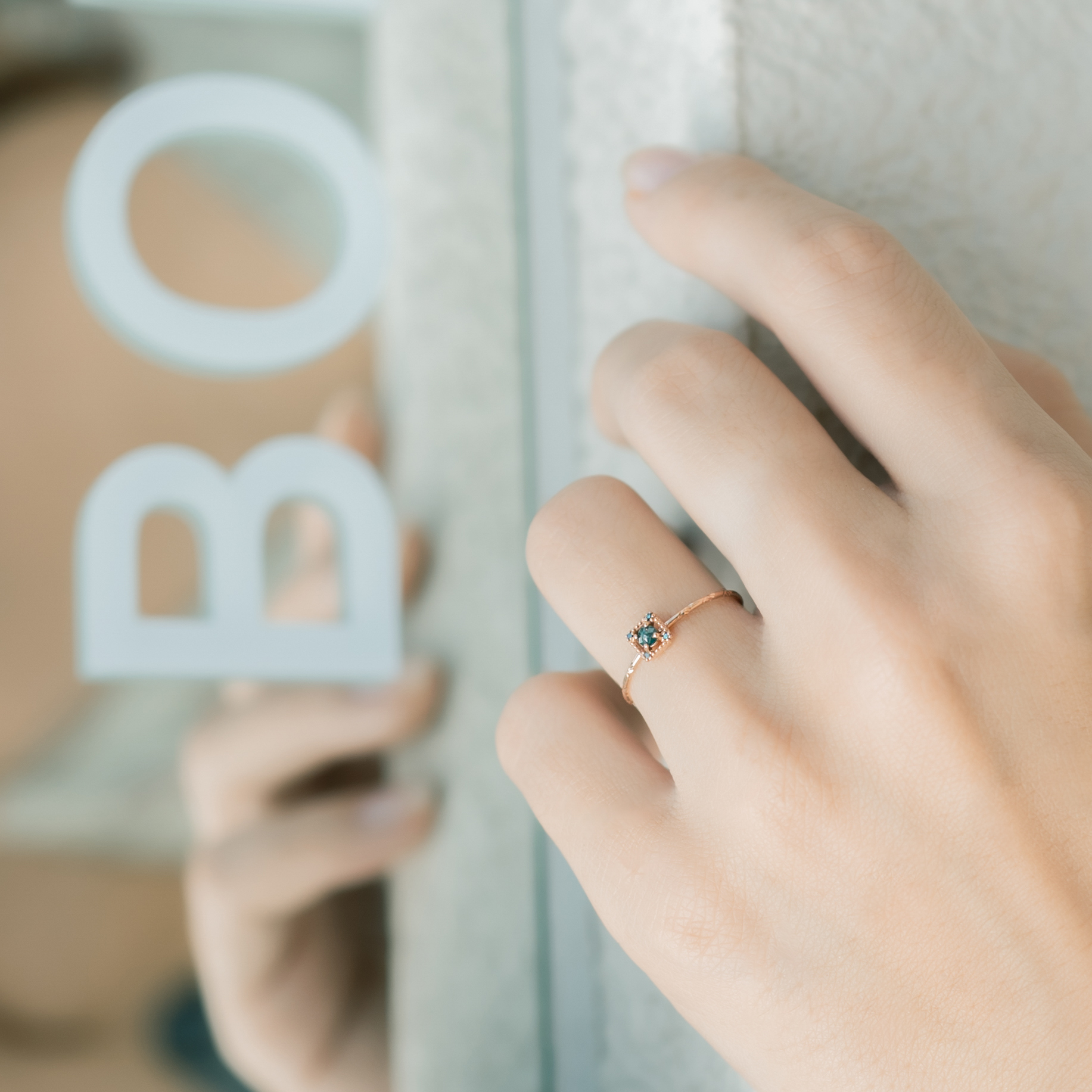 14k復古方形四角藍鑽戒指