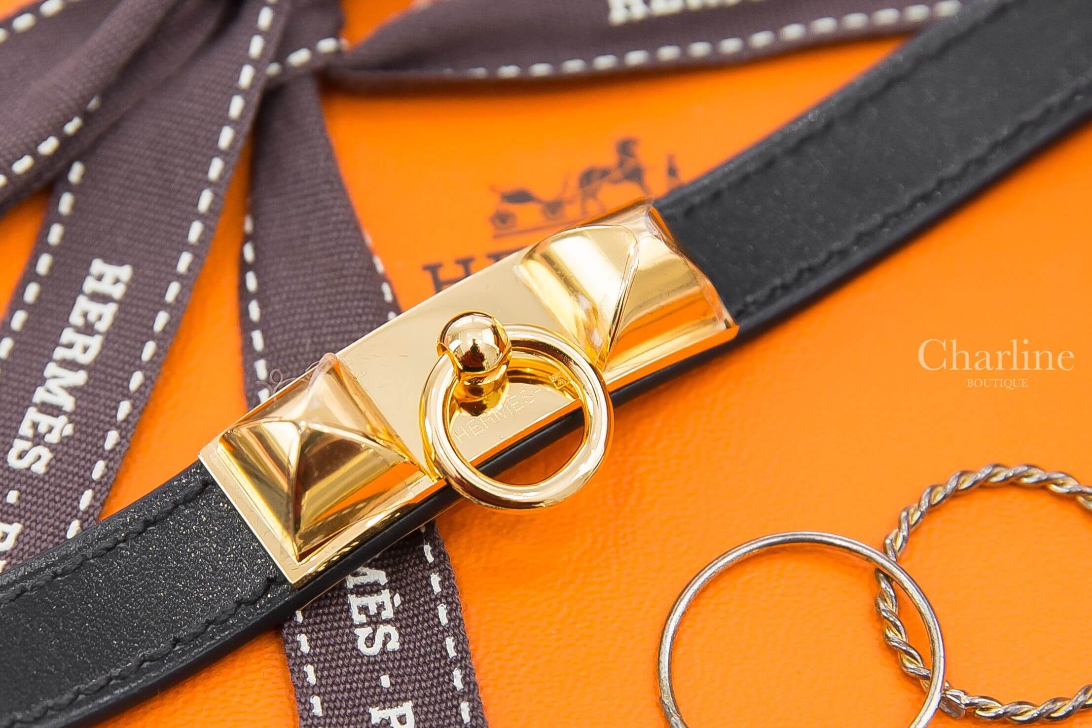 Hermès Rivale Double Tour Bracelet 黑色金釦雙圈小牛皮手環
