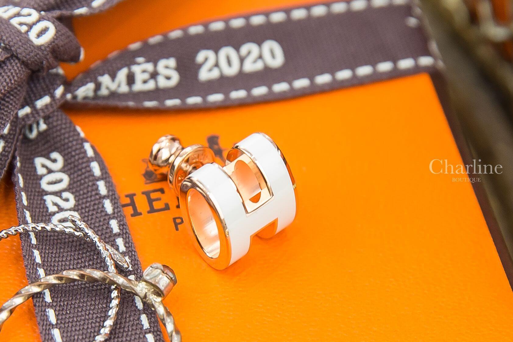 Hermès Pop H Earrings In Blanc 白色珐瑯鍍玫瑰金簍空橢圓耳環