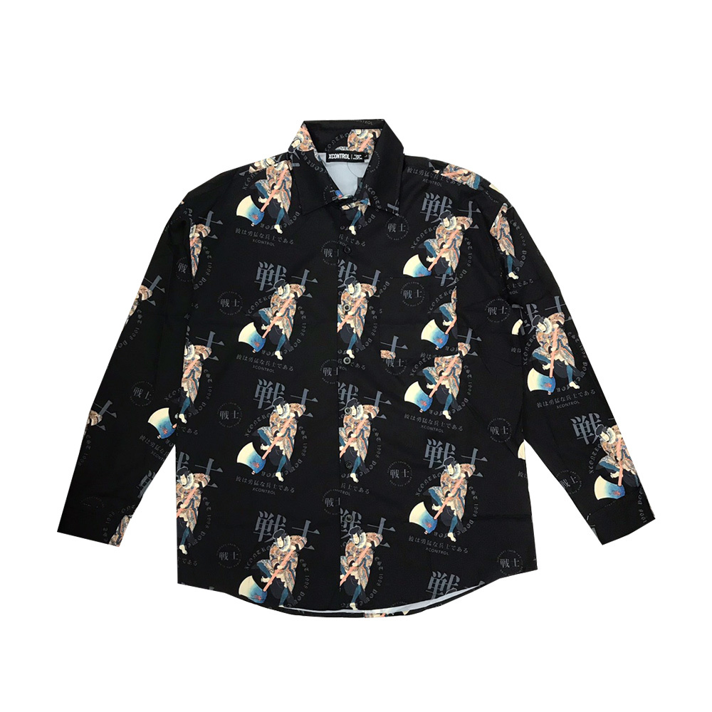 XCTRL 浮世繪勇士滿版長袖襯衫-黑