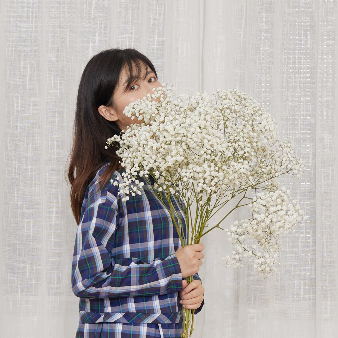 Erin半開襟腰細褶長袖長洋裝/藍格紋