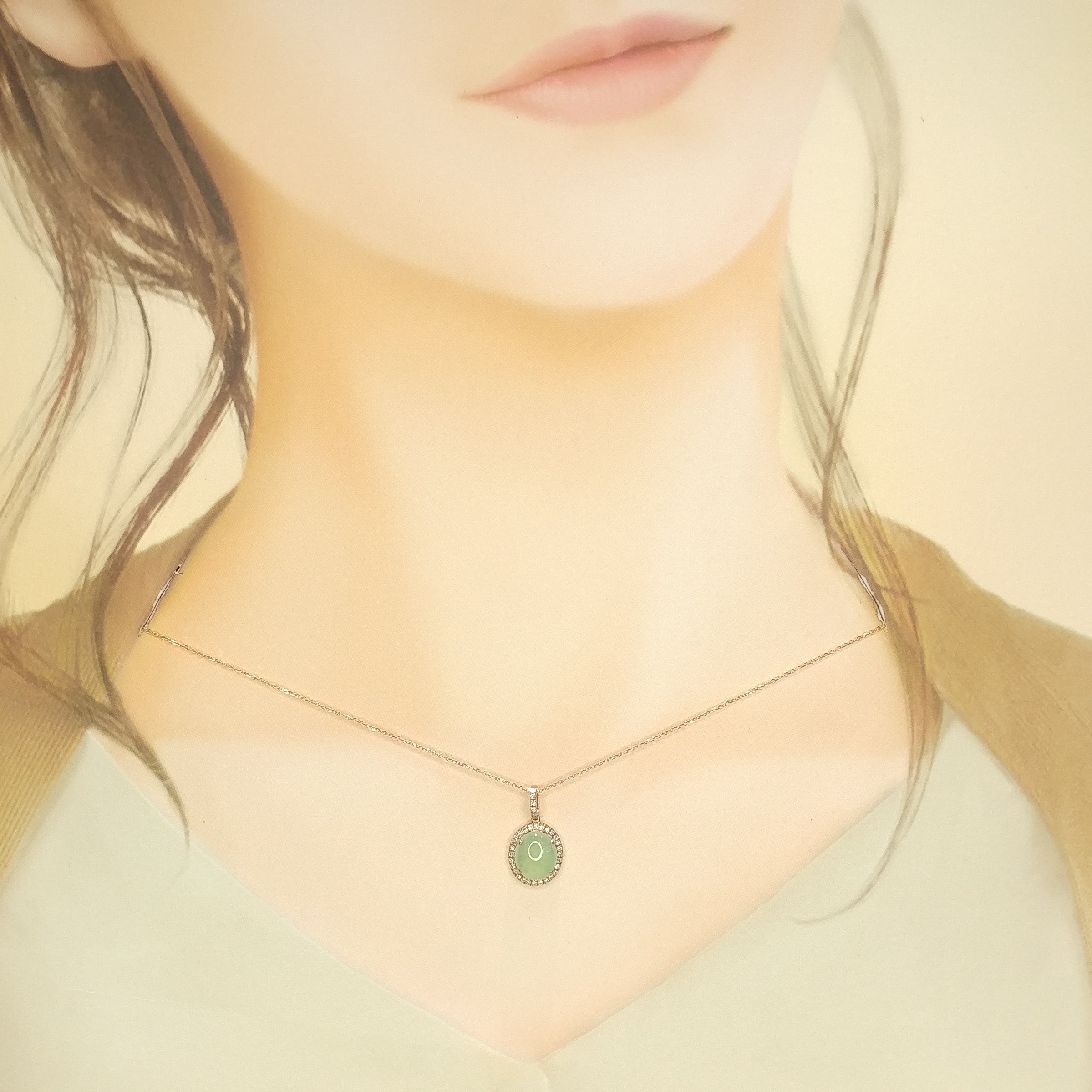 全新18K玫瑰金翡翠配12份鑽石吊墜