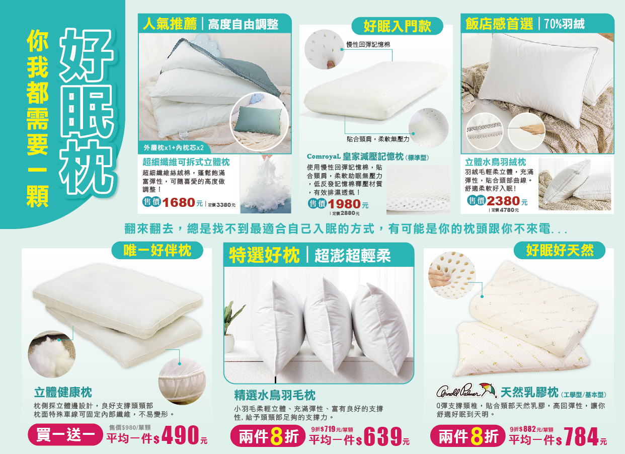 天恩寢具冬特賣好眠枕頭買一送一
