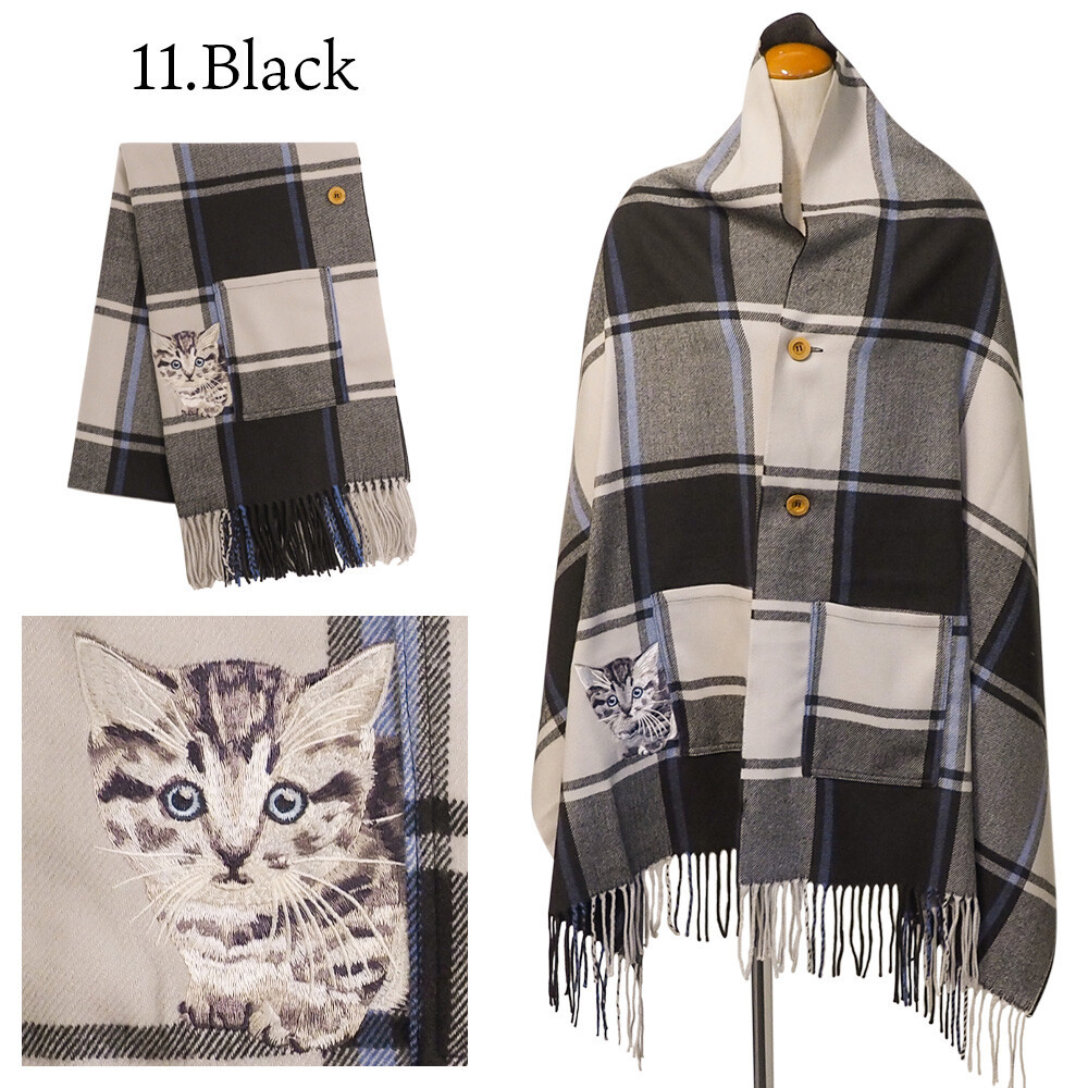 日本貓刺繡格仔披肩頸巾兩用
