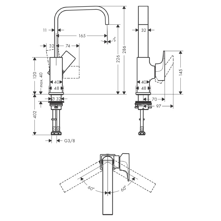 hansgrohe Metropol 32511, -000 Single lever basin mixer 230 with lever handle and push-open waste set