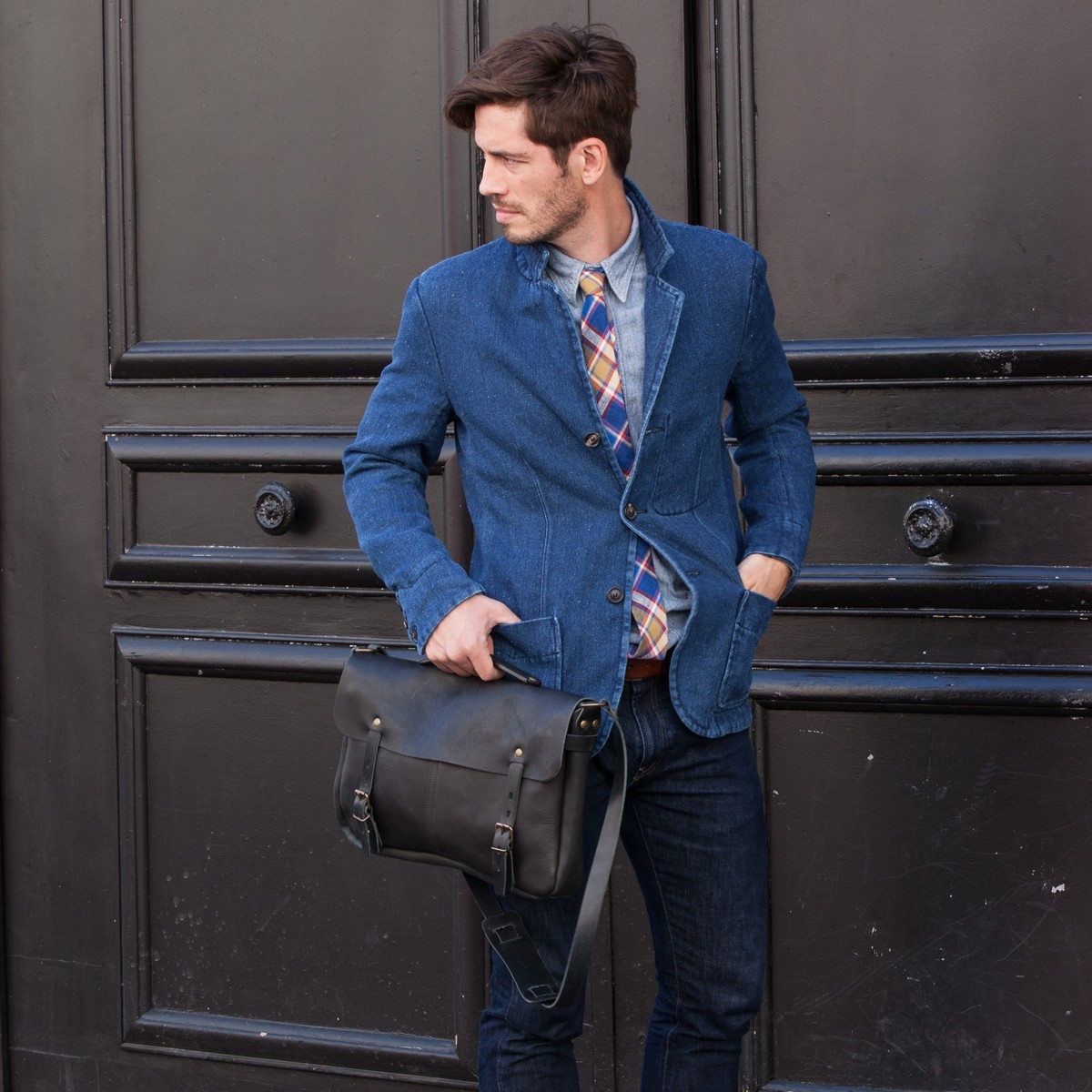 bleu de chauffe | Justin 皮革公事包可側背（碳黑、湛藍、棕、咖啡、駝）