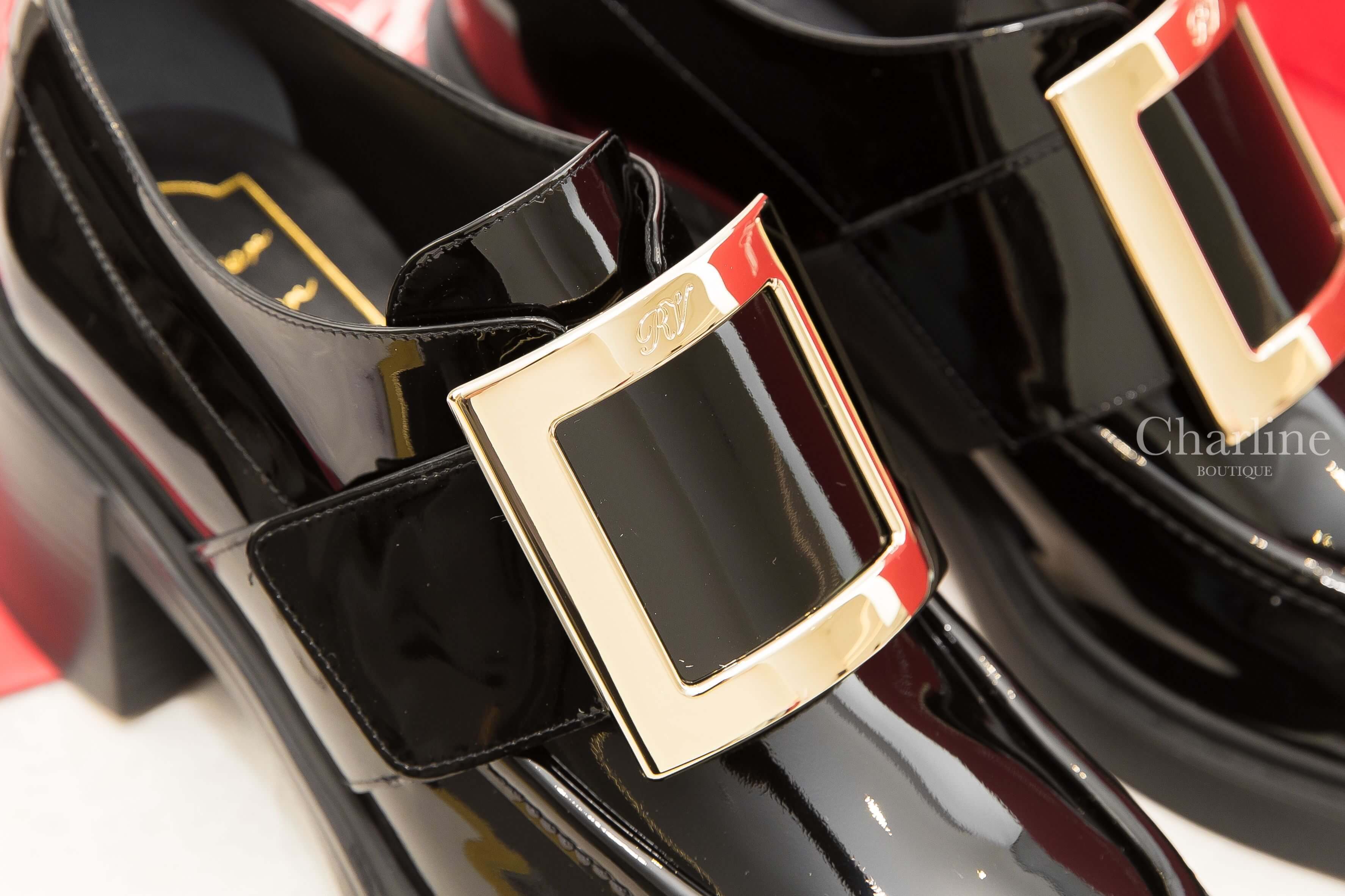 Roger Vivier Viv' Rangers Metal Buckle Loafers In Patent Leather 黑色漆皮淡金色方釦粗跟樂福鞋