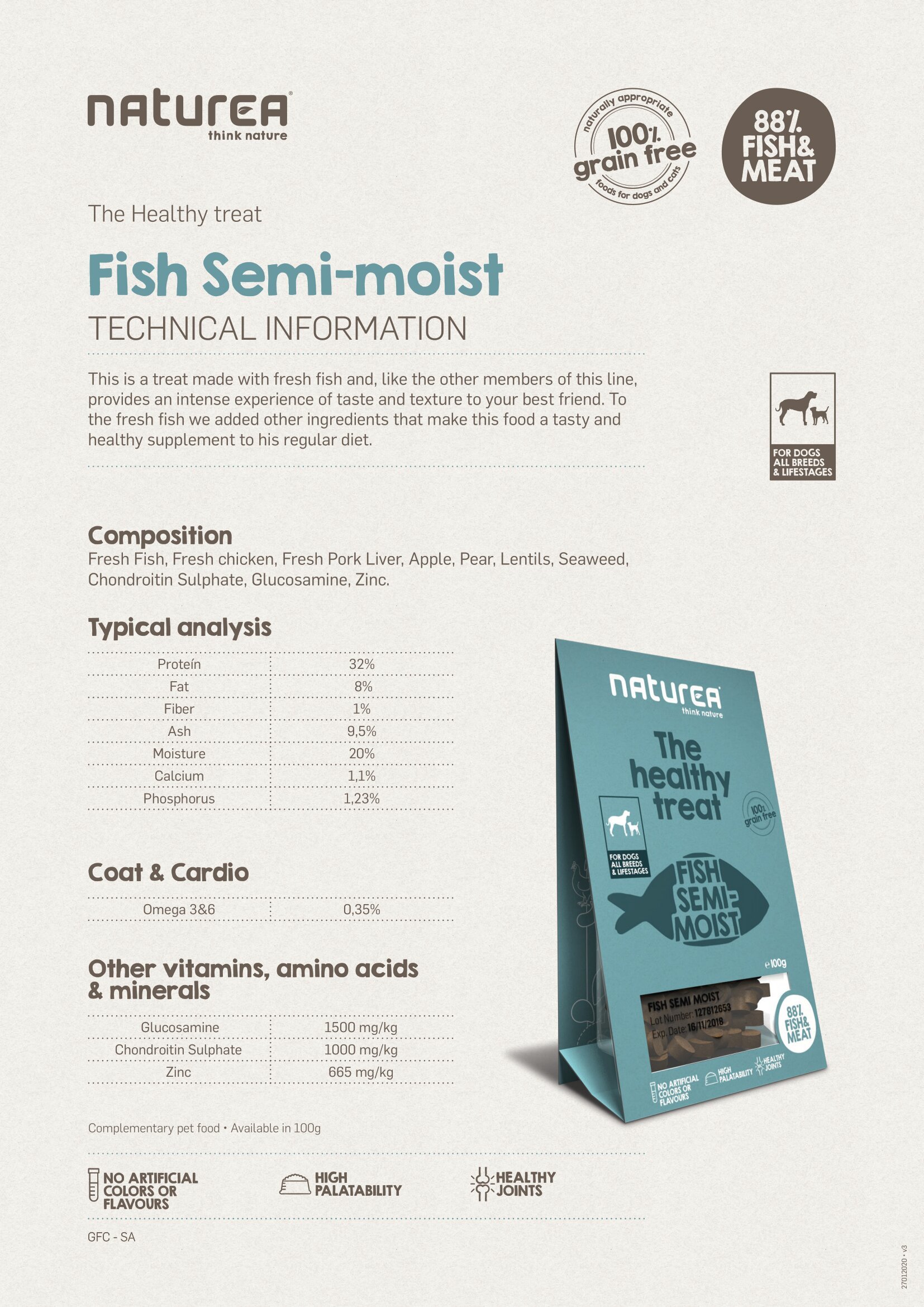 [$105/4]  Naturea 犬用鮮肉半濕小食-鮮魚肉100g