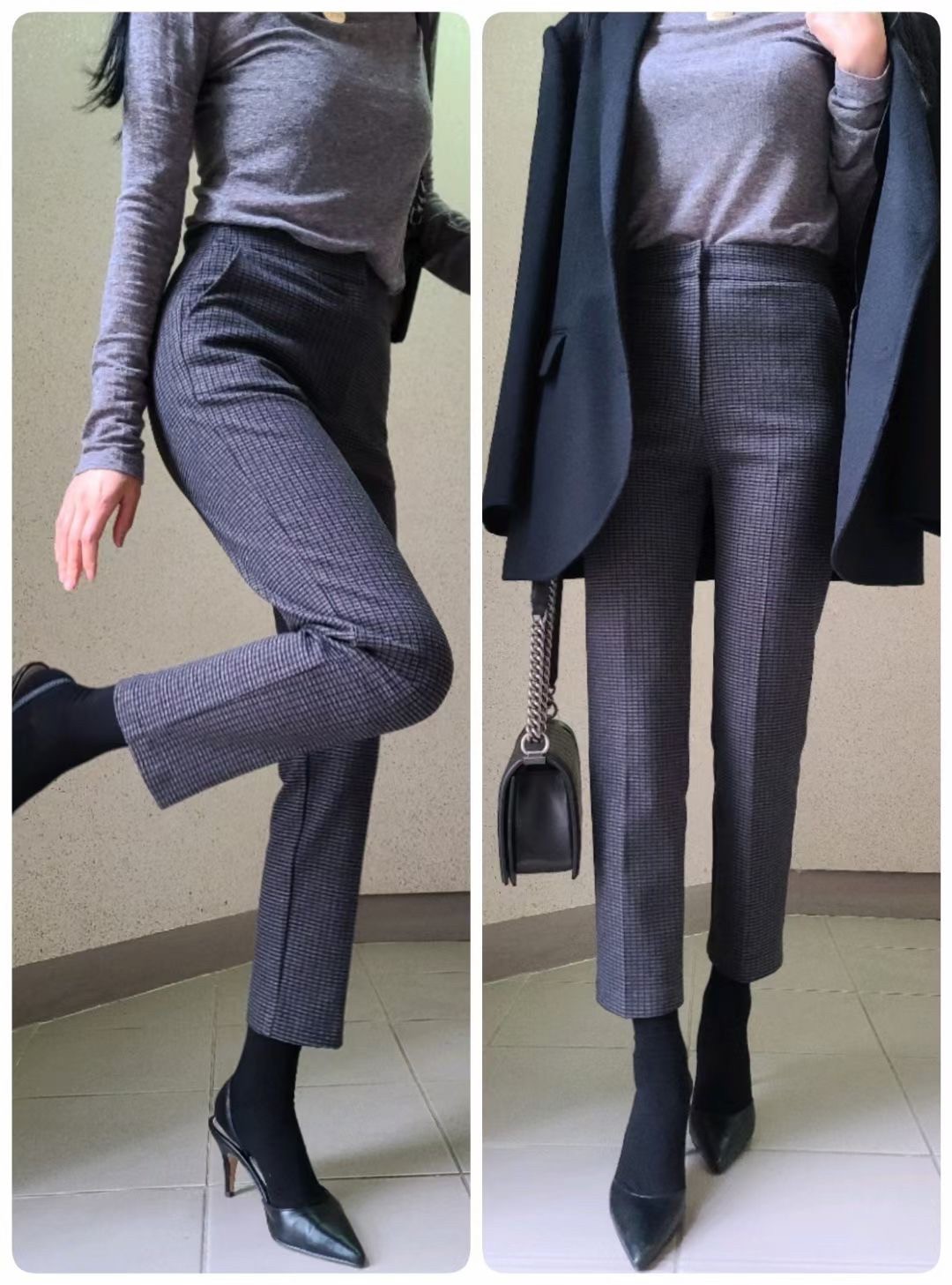 K20120234細格內刷毛彈性九分長褲 L