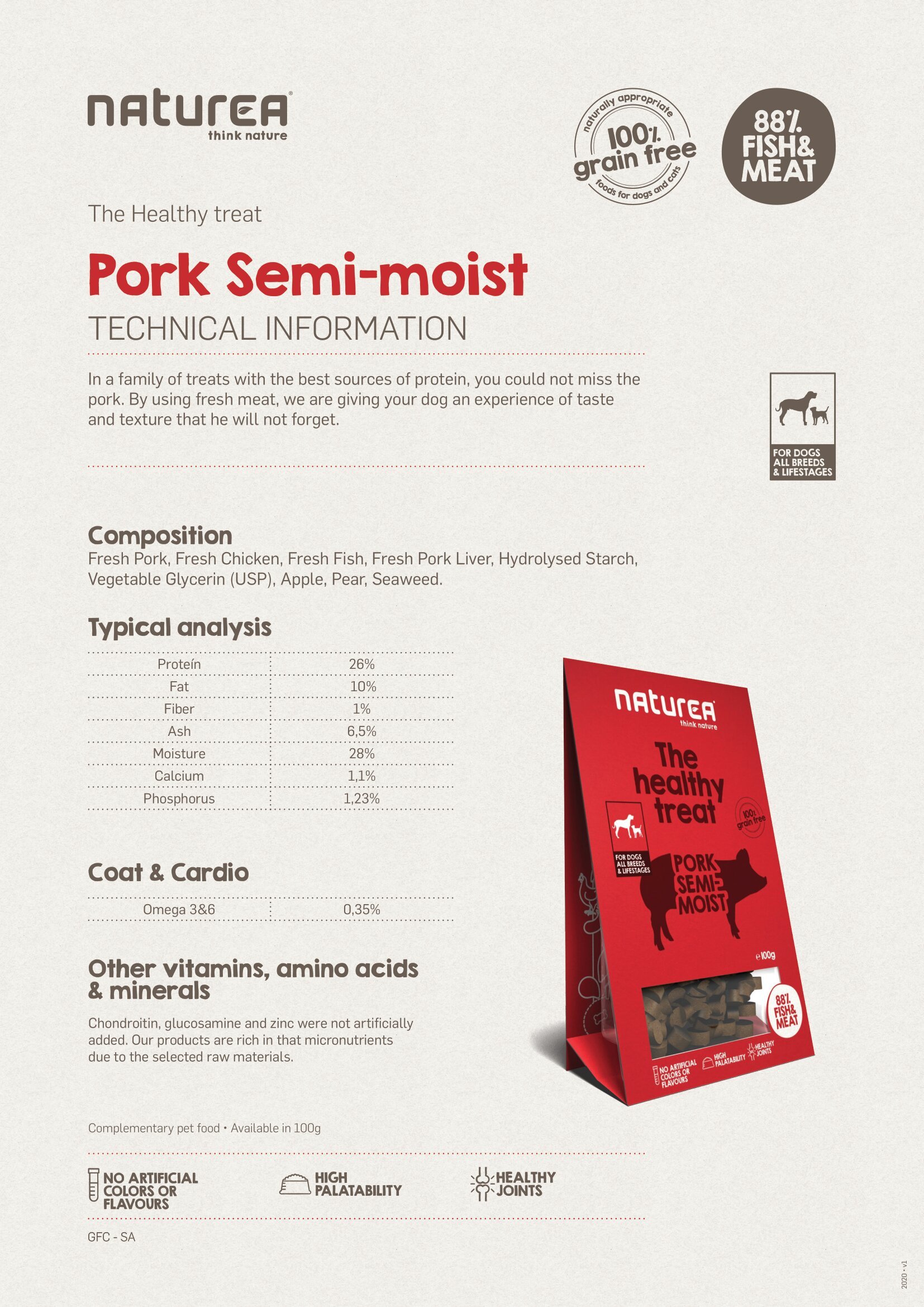 [$105/4]  Naturea 犬用鮮肉半濕小食 - 豬肉100g