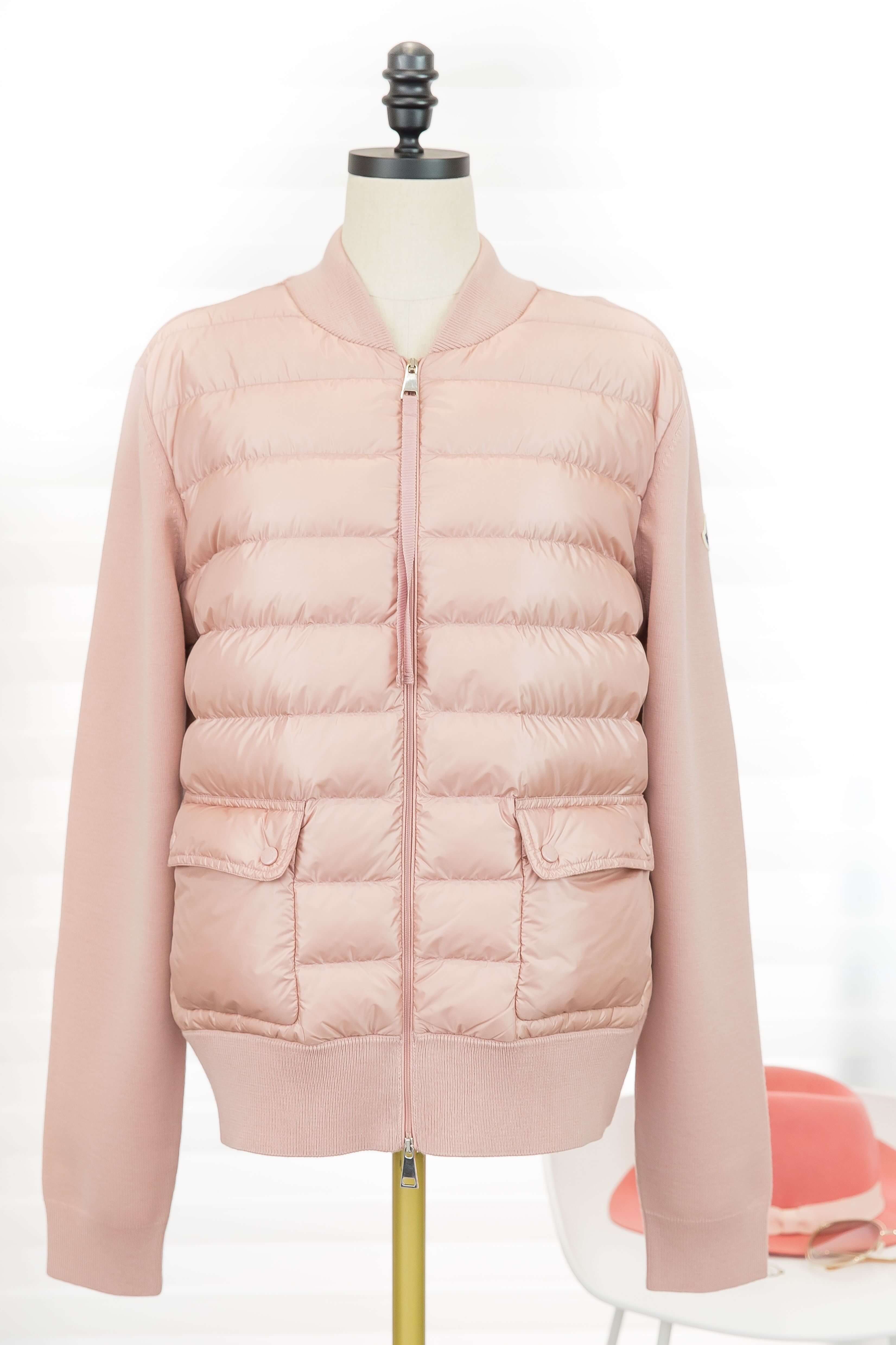 Moncler Cardigan Tricot 粉紅色拼接針織雙口袋羽絨外套