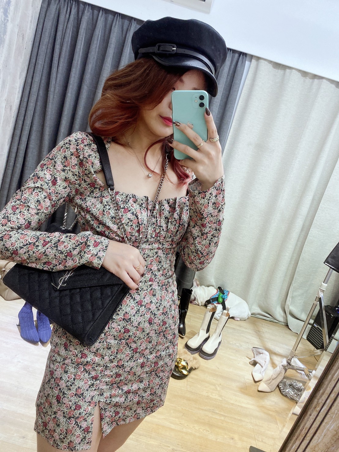 胸口皺褶 方領長袖洋裝