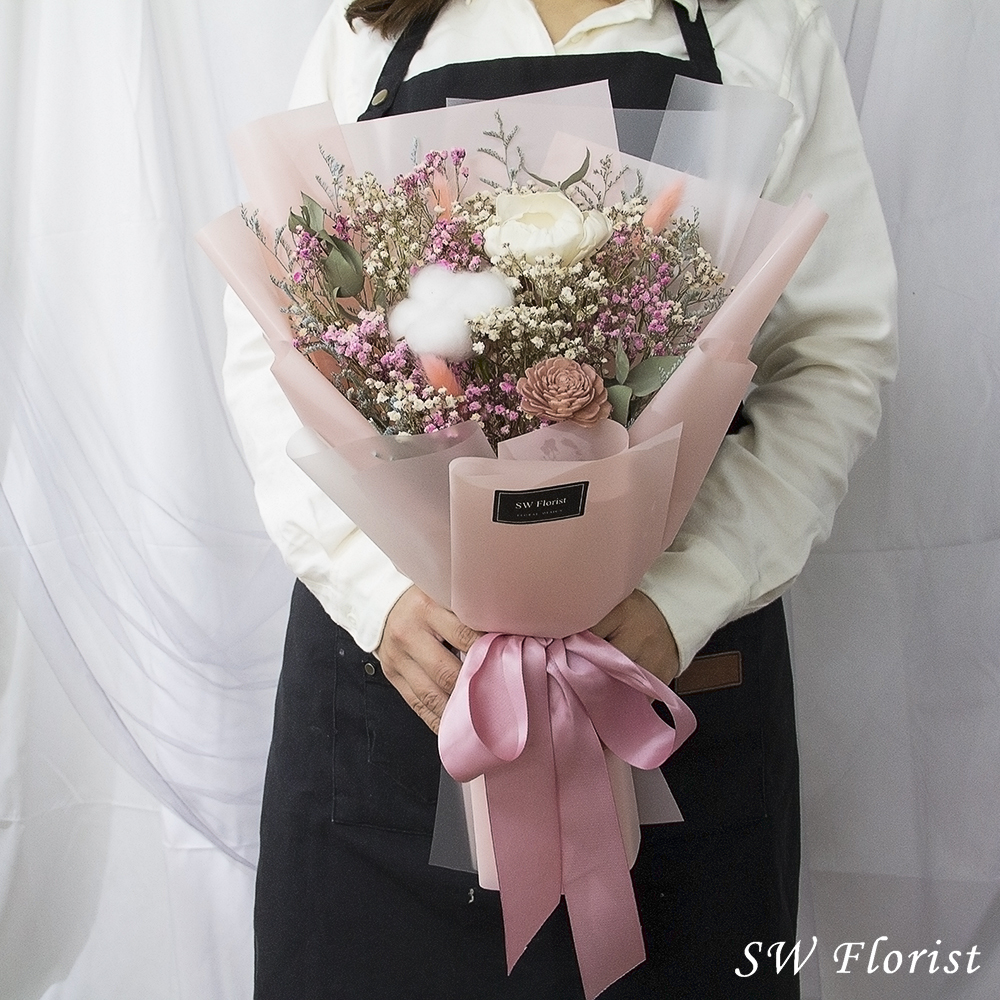 |自然網美風格-滿天星花束-粉色系乾燥花束-唯美-中型花束|