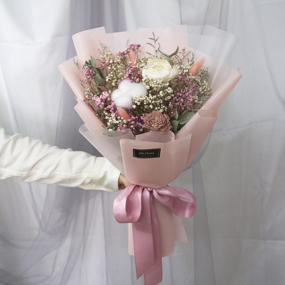 |自然網美風格-滿天星花束-粉色系乾燥花束-唯美-中型花束|