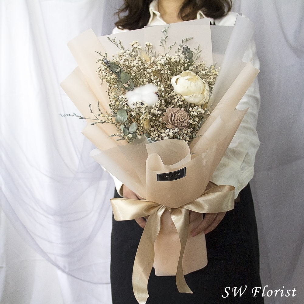|自然網美風格-滿天星花束-奶茶系乾燥花束-愜意-中型花束|