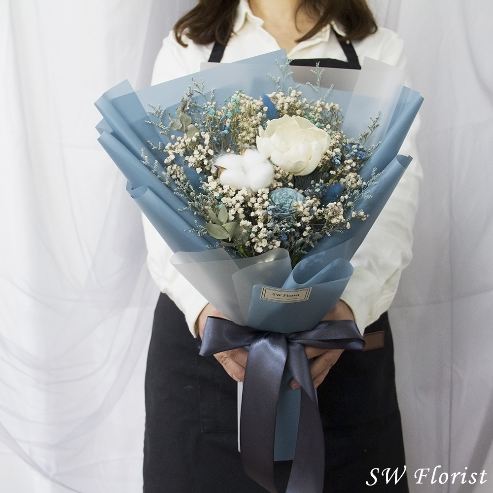 |自然網美風格-滿天星花束-藍色系乾燥花束-沉寂-中型花束|