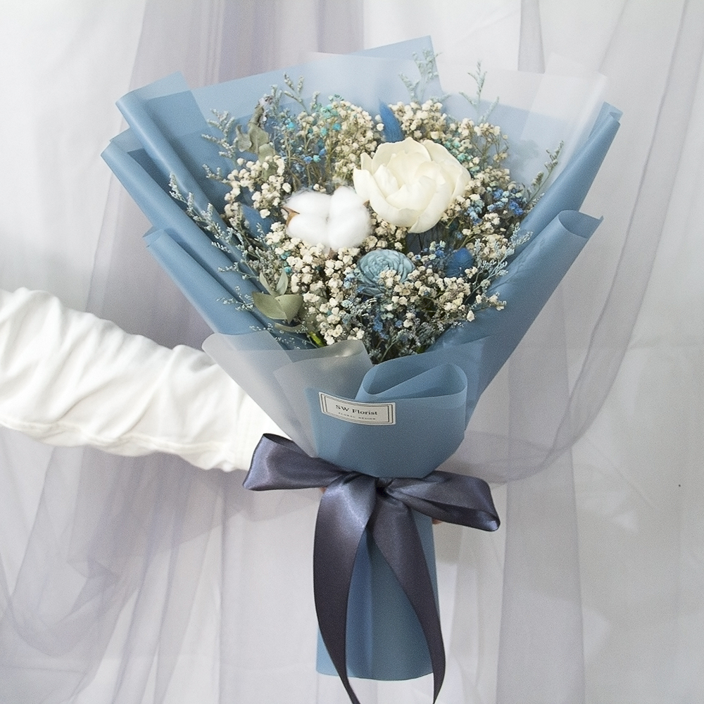 |自然網美風格-滿天星花束-藍色系乾燥花束-沉寂-中型花束|