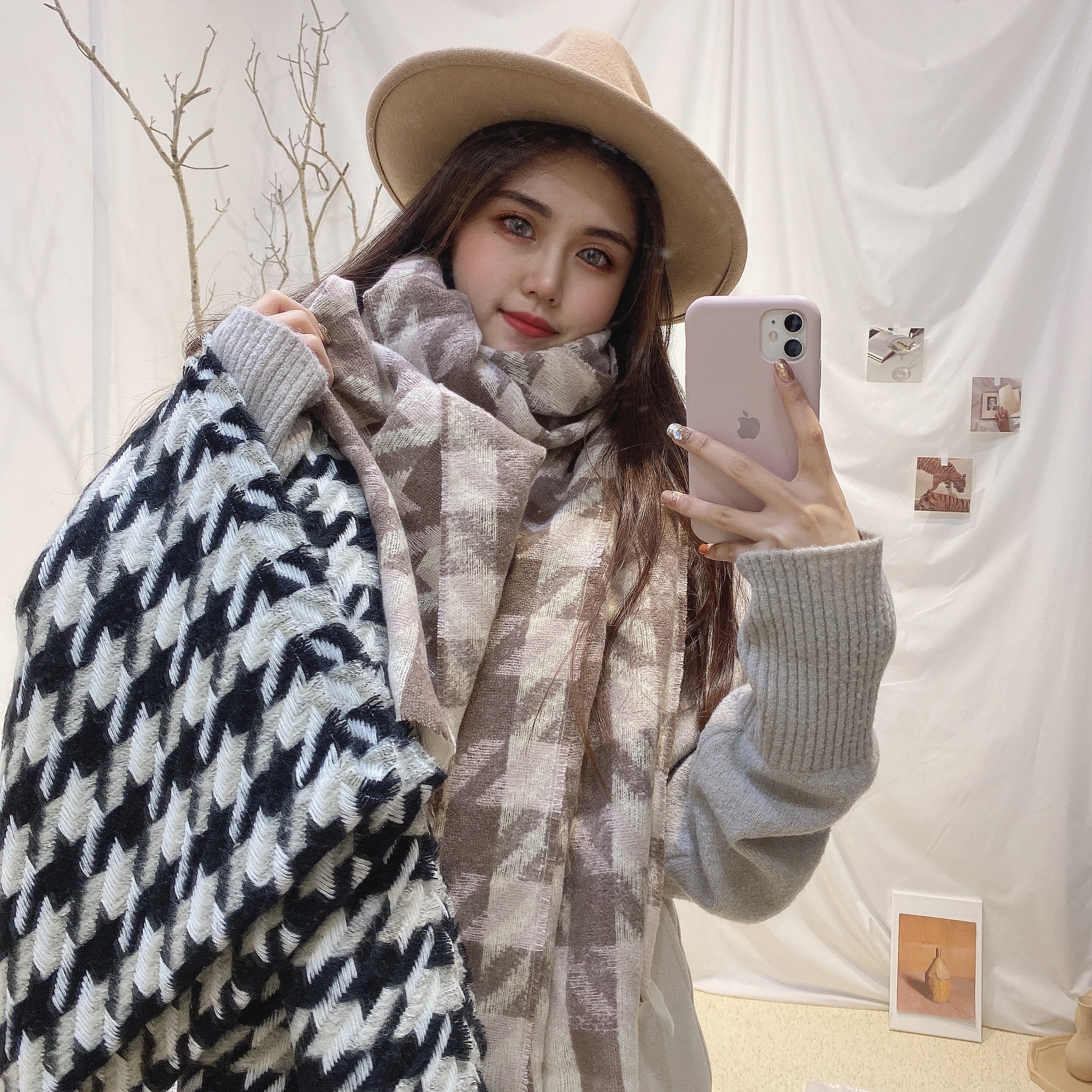 雙色交叉千鳥格圍巾/二色