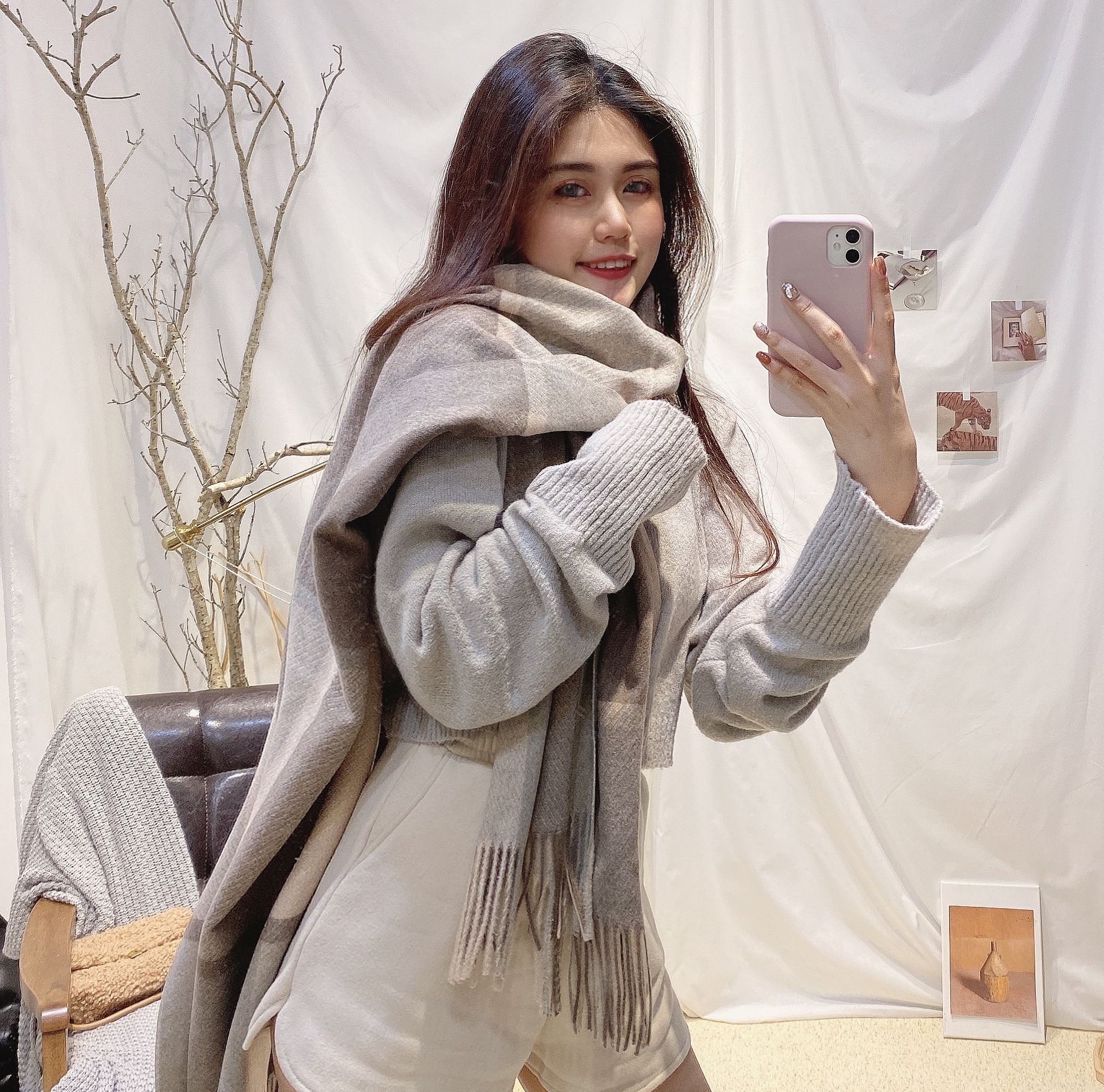 皮標羊絨大格灰圍巾/二色