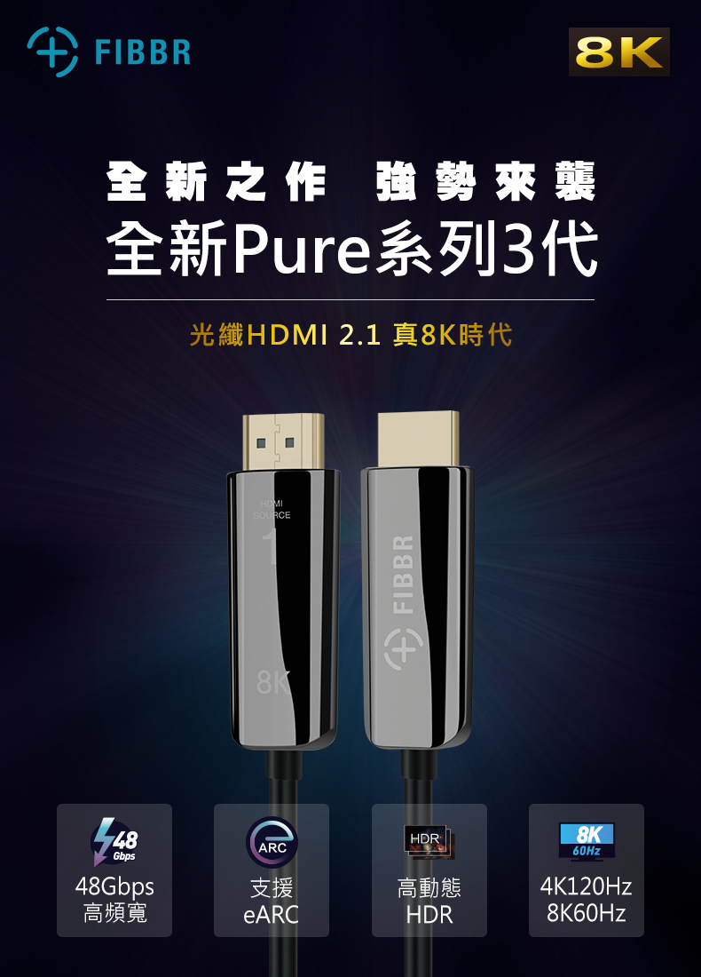 菲伯爾FIBBR Pure3 HDMI 2.1光纖纜線