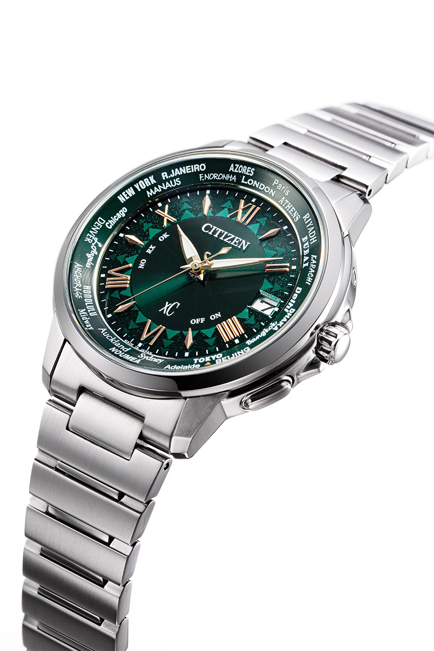 萬年鐘錶 - Citizen 星辰錶  XC   綠面光動能電波錶 CB1020-54W 錶徑38MM