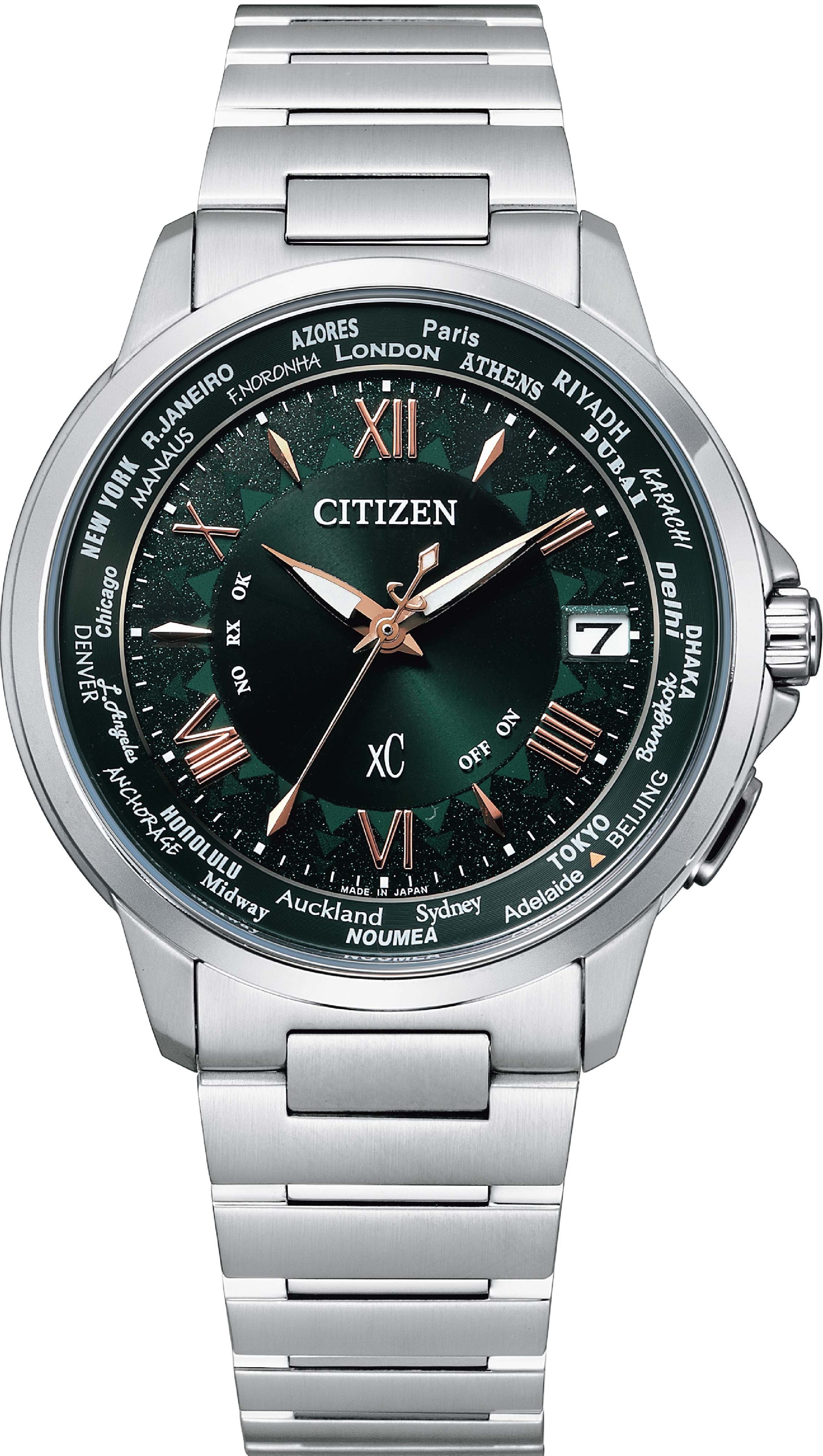 萬年鐘錶 - Citizen 星辰錶  XC   綠面光動能電波錶 CB1020-54W 錶徑38MM