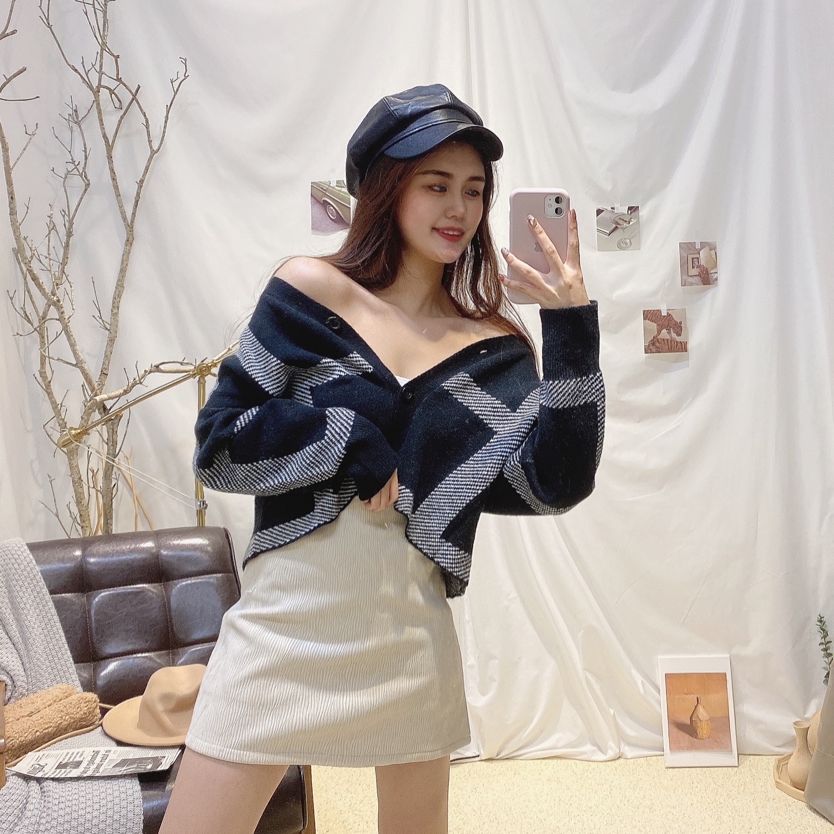 大格紋排釦針織上衣/二色