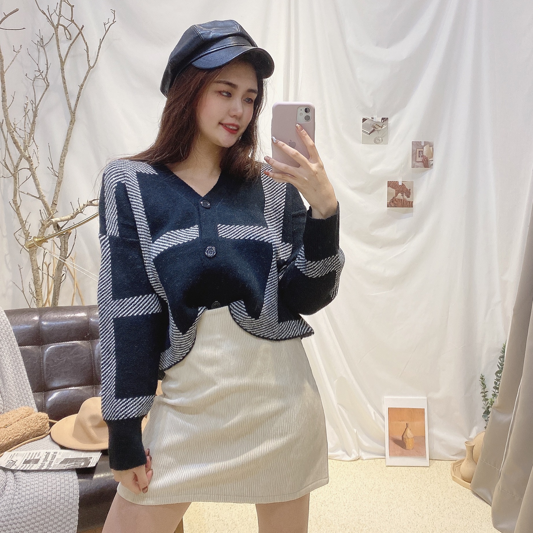 大格紋排釦針織上衣/二色