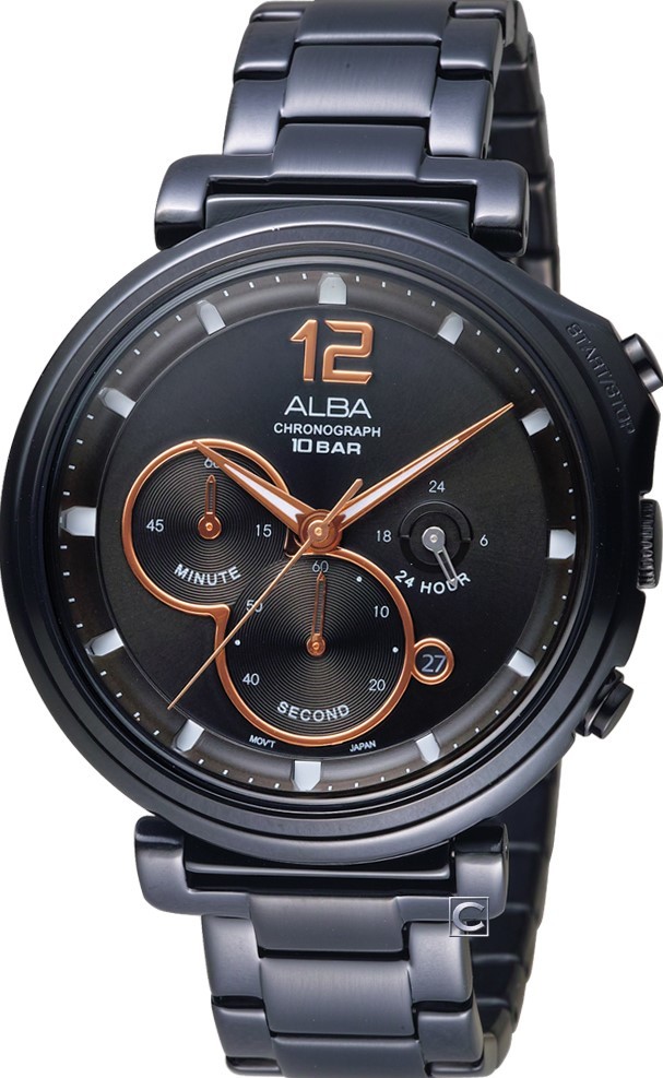 萬年鐘錶 - ALBA    雅柏錶 全黑玫瑰金刻度休閒計時男錶   VD53-X302SD/  AT3E05X1  錶徑43MM