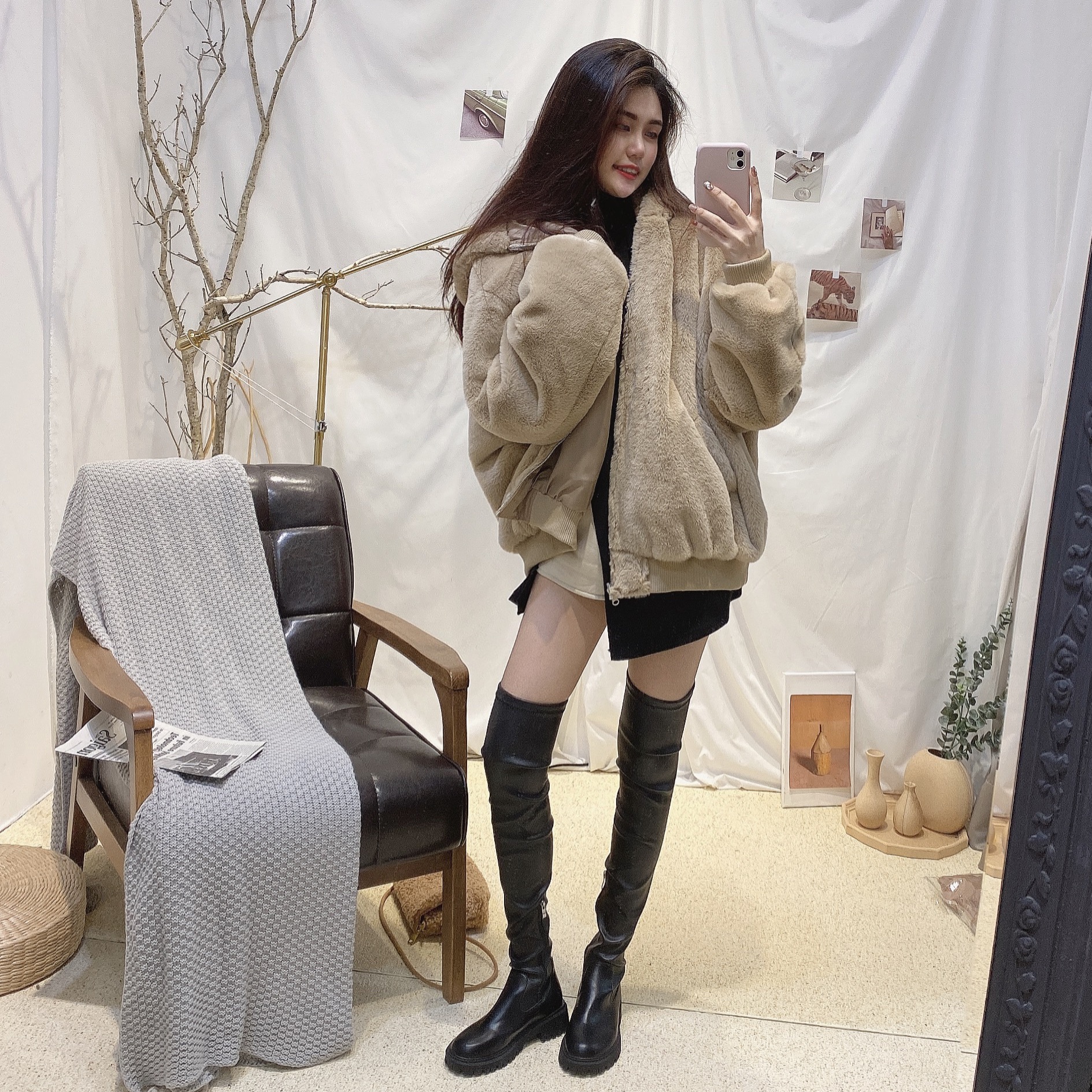 軟皮過膝長腿彈性長靴/單一色